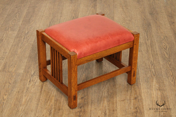 STICKLEY MISSION STYLE OAK AND LEATHER SPINDLE FOOTSTOOL OTTOMAN