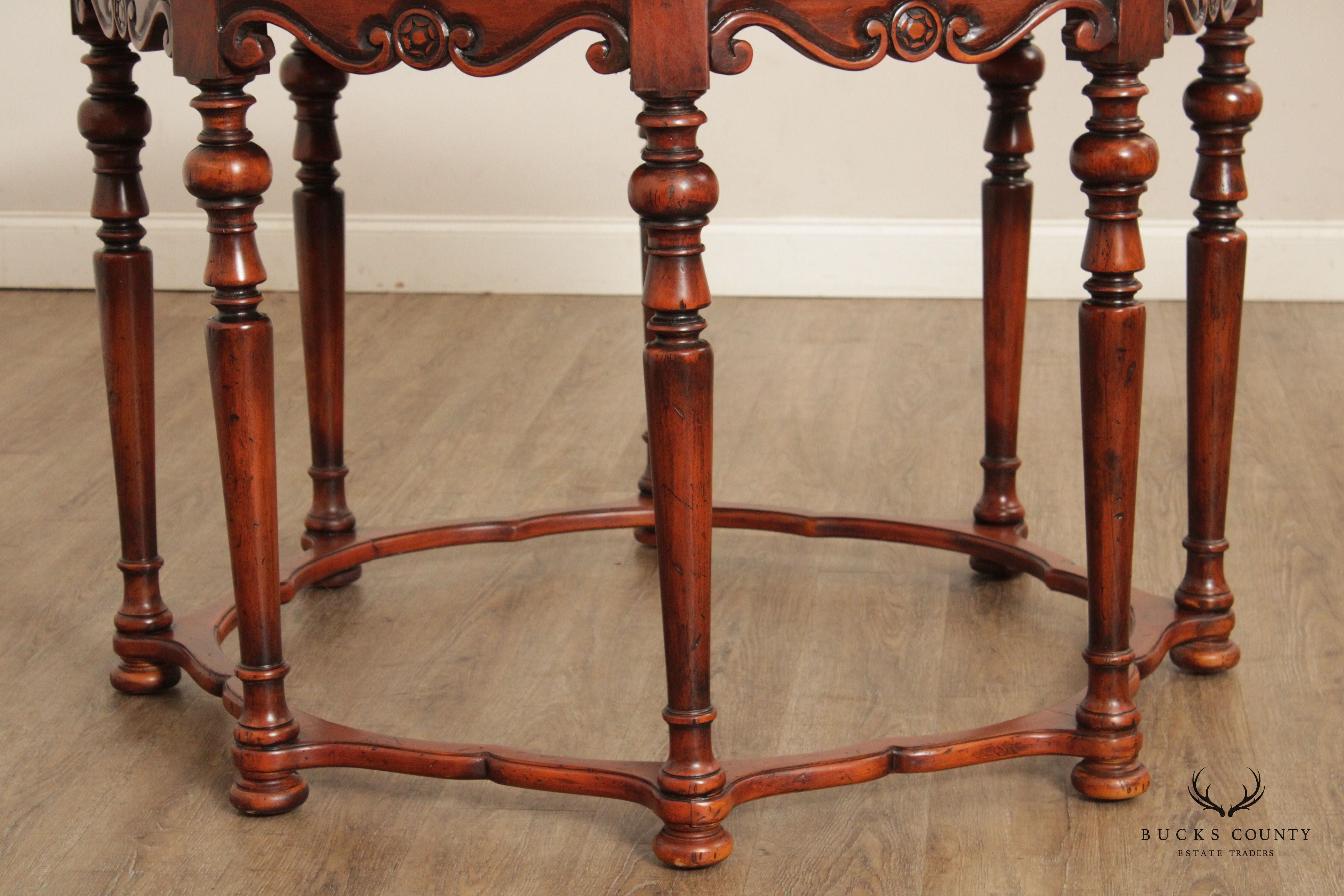 English Style Tooled Leather Round Mahogany Center Table