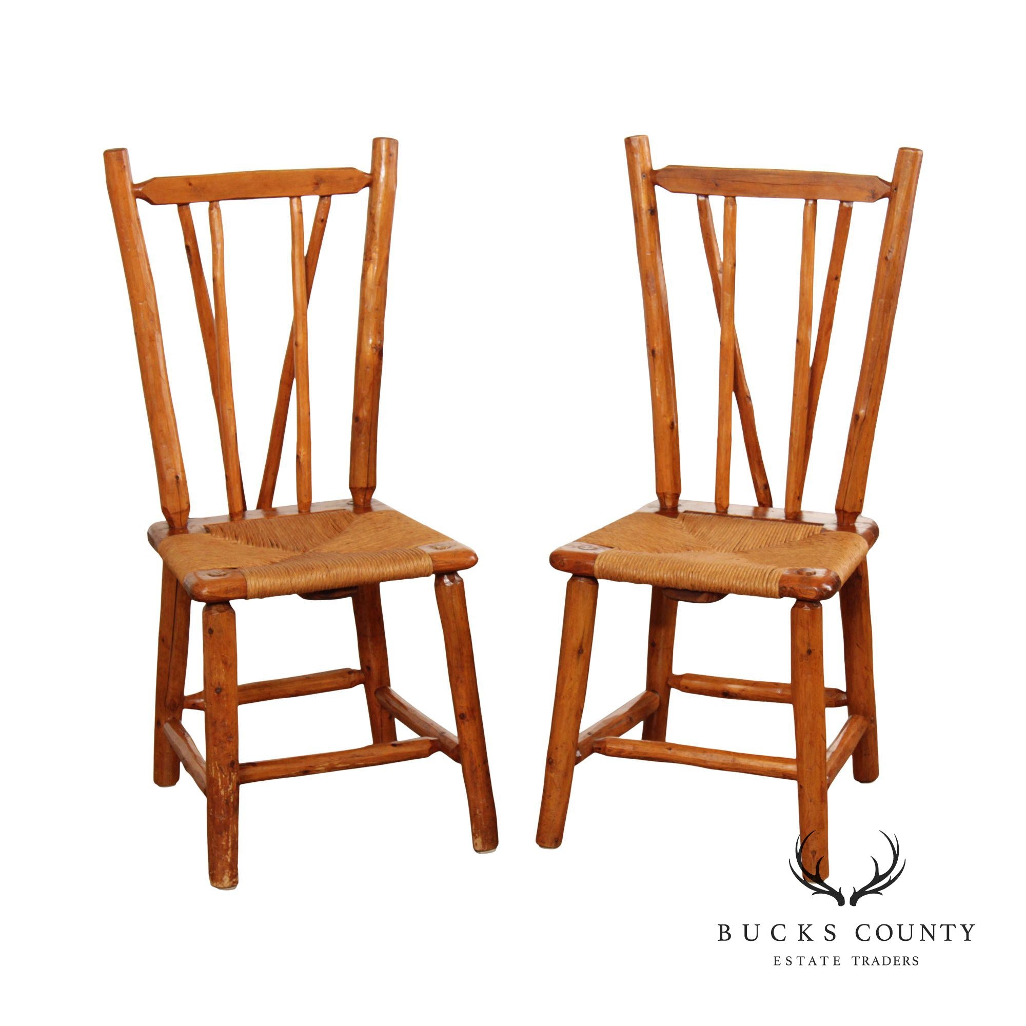 Vintage Rustic Pine Wood and Rush Seat Side Chairs