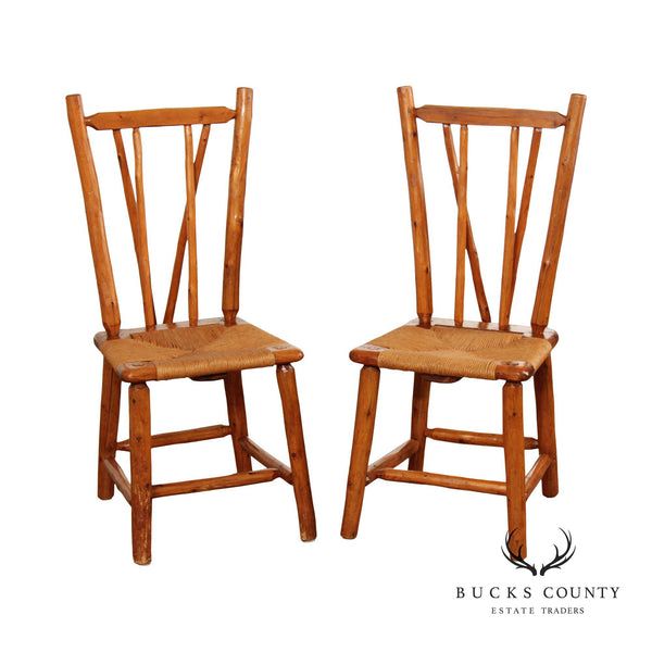 Vintage Rustic Pine Wood and Rush Seat Side Chairs