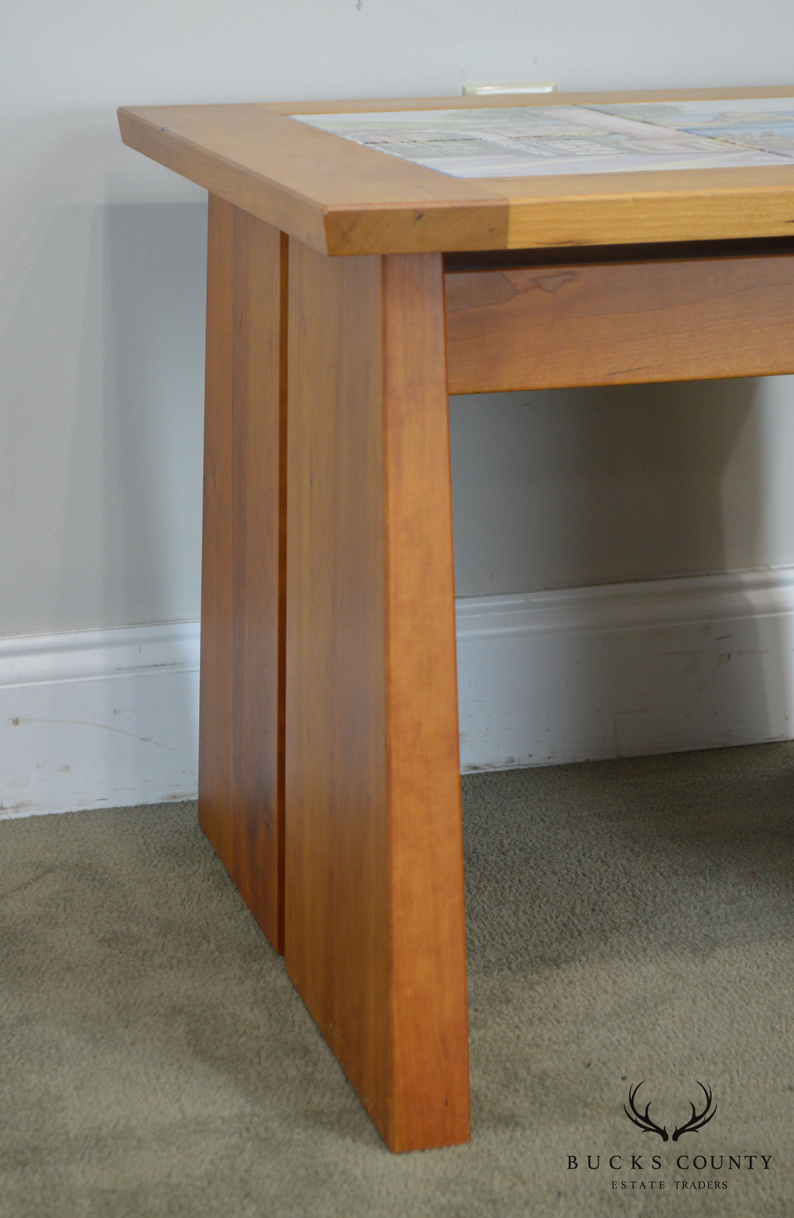 Studio Crafted Solid Cherry Square Side Tables W/ Hand Painted Italian Capri Tiles