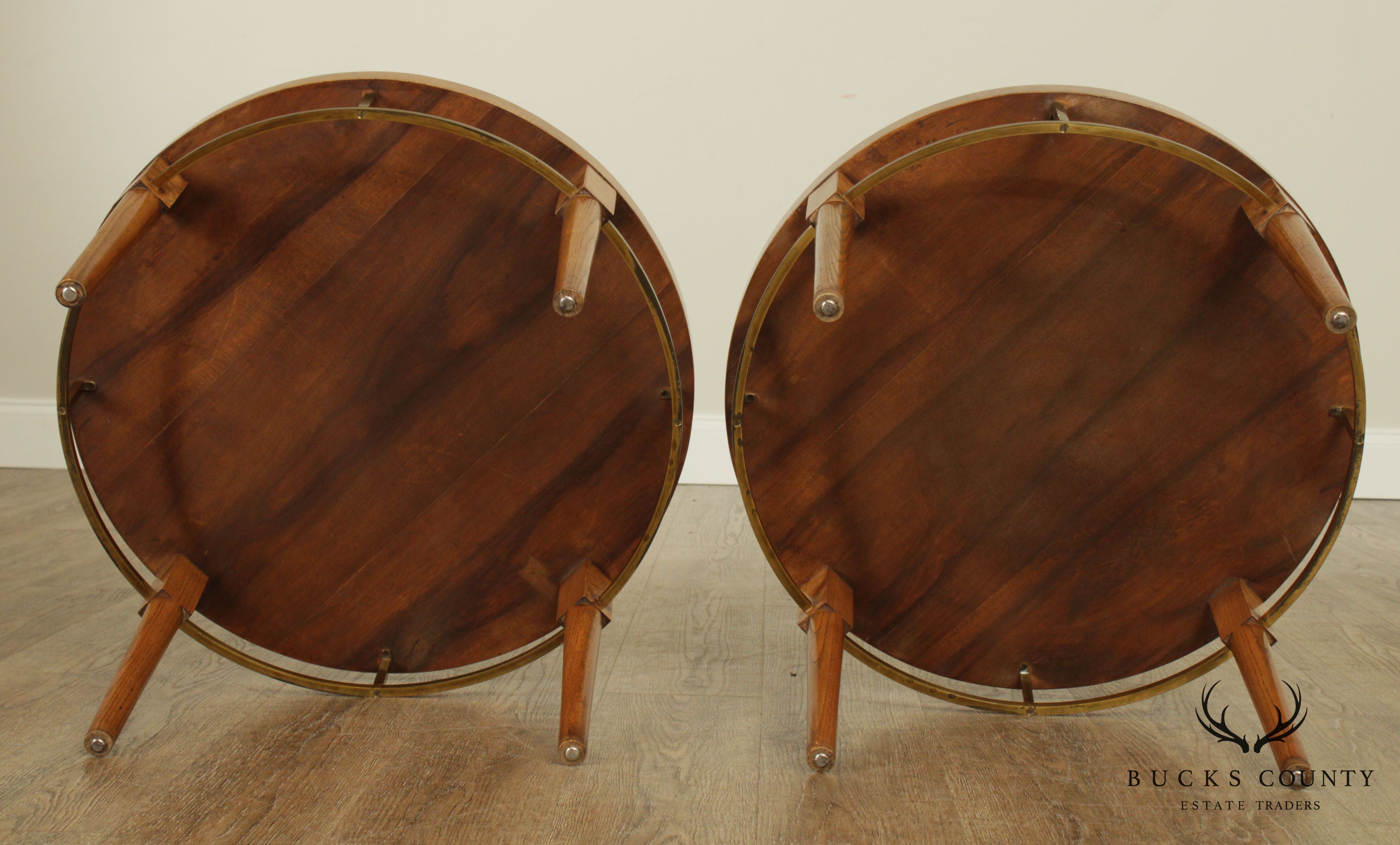 Mid Century Modern Pair Round Burl Wood and Brass Bow Tie Inlaid Side Tables