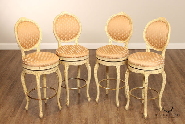French Style Vintage Set Four Crackle Painted Bar Stools