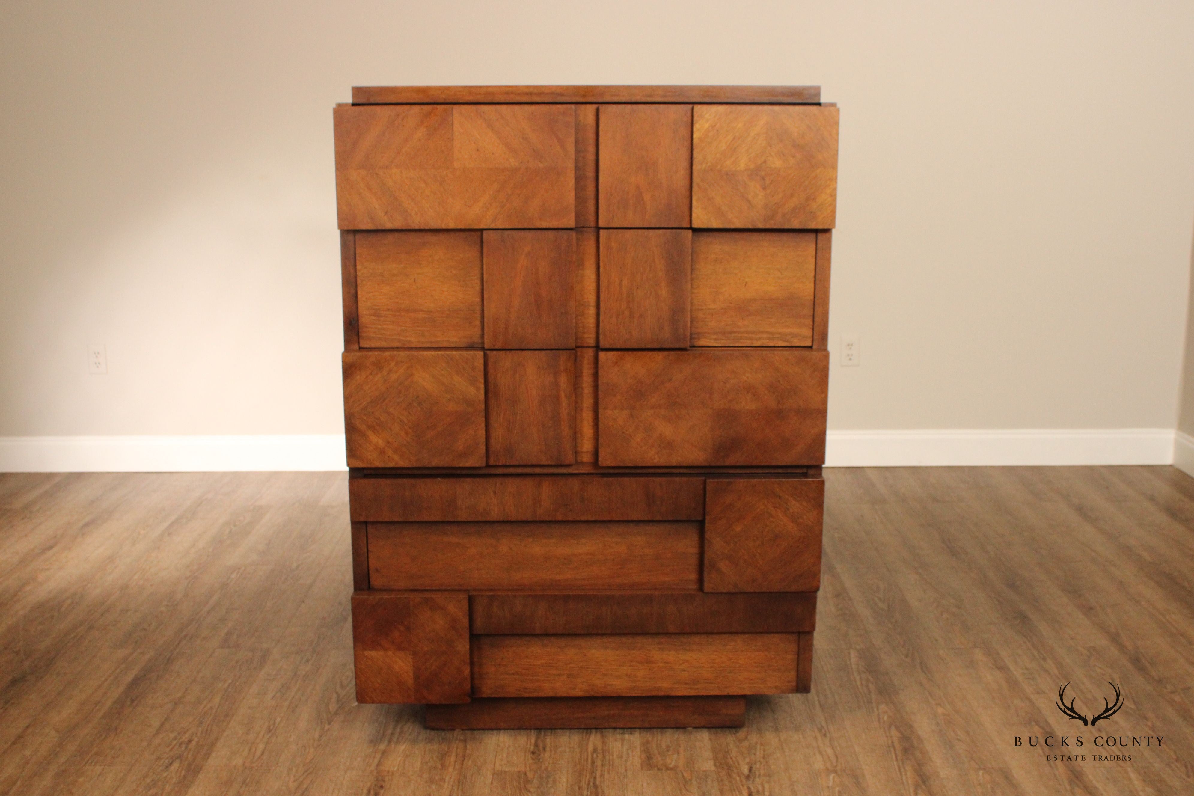 Lane Mid Century Brutalist Walnut Tall Chest of Drawers