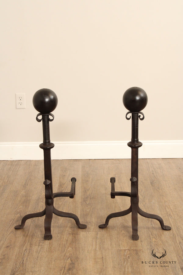 Arts & Crafts Pair of Heavy Iron Fireplace Andirons