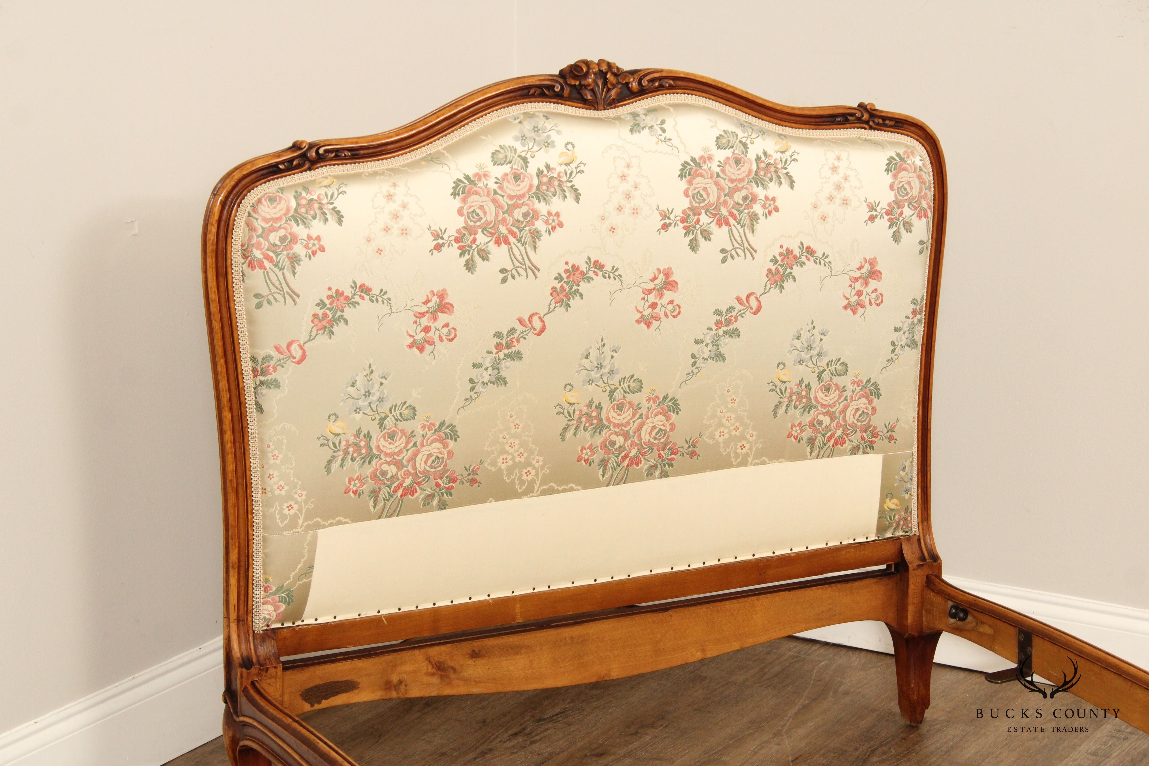 French Louis XV Style Pair Of Carved Frame Upholstered Twin Beds