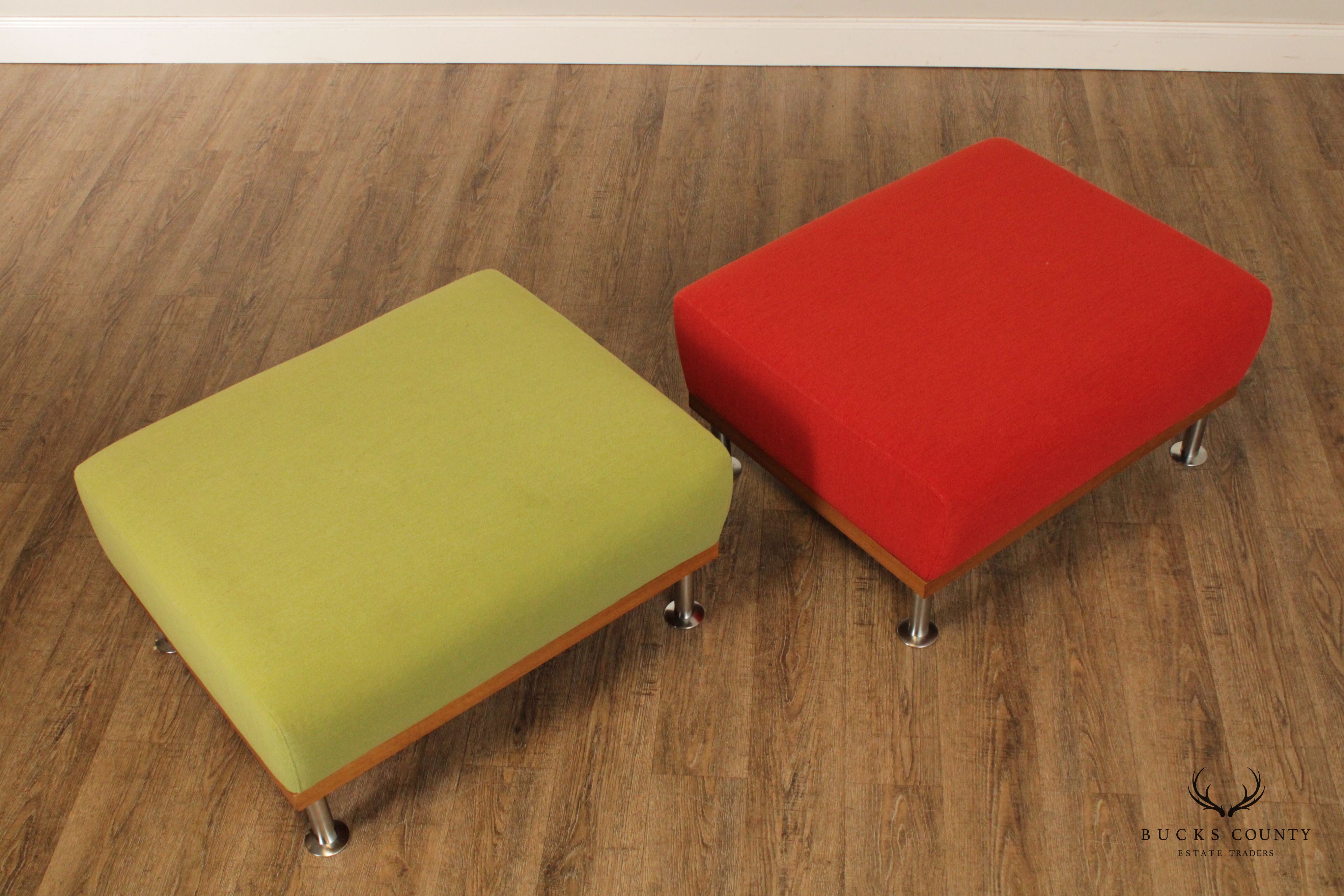 Mid Century Modern Style Pair of Upholstered Ottomans