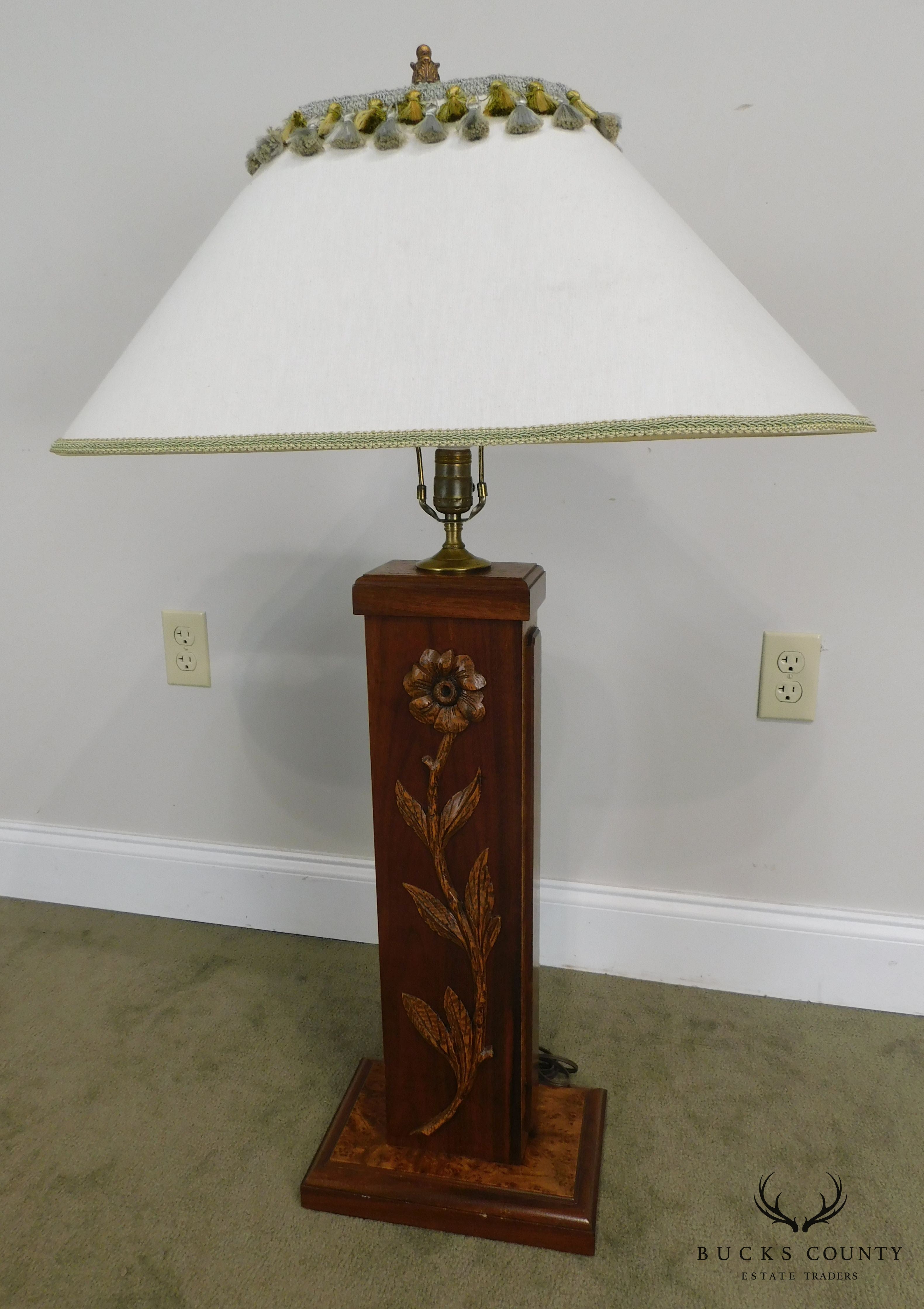 Vintage Hand Carved Rose Flower Mixed Wood Lamp