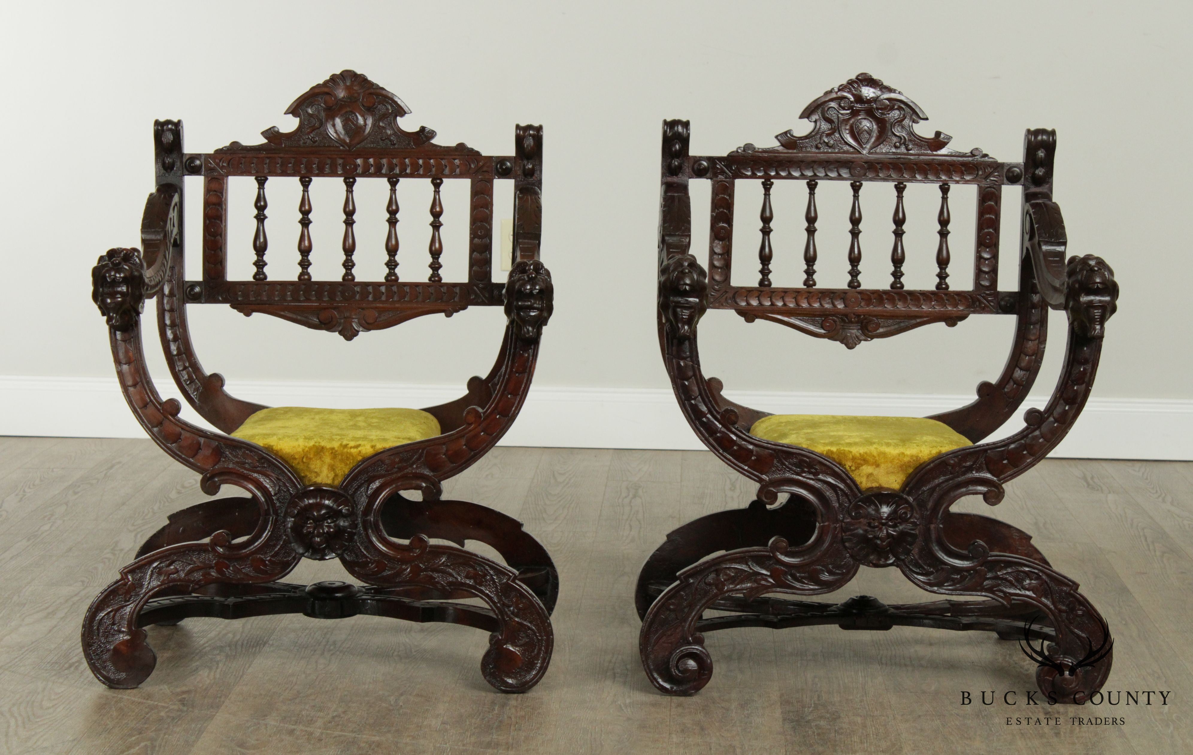 Antique Italian Renaissance Style Style Pair Carved Savonarola Armchairs