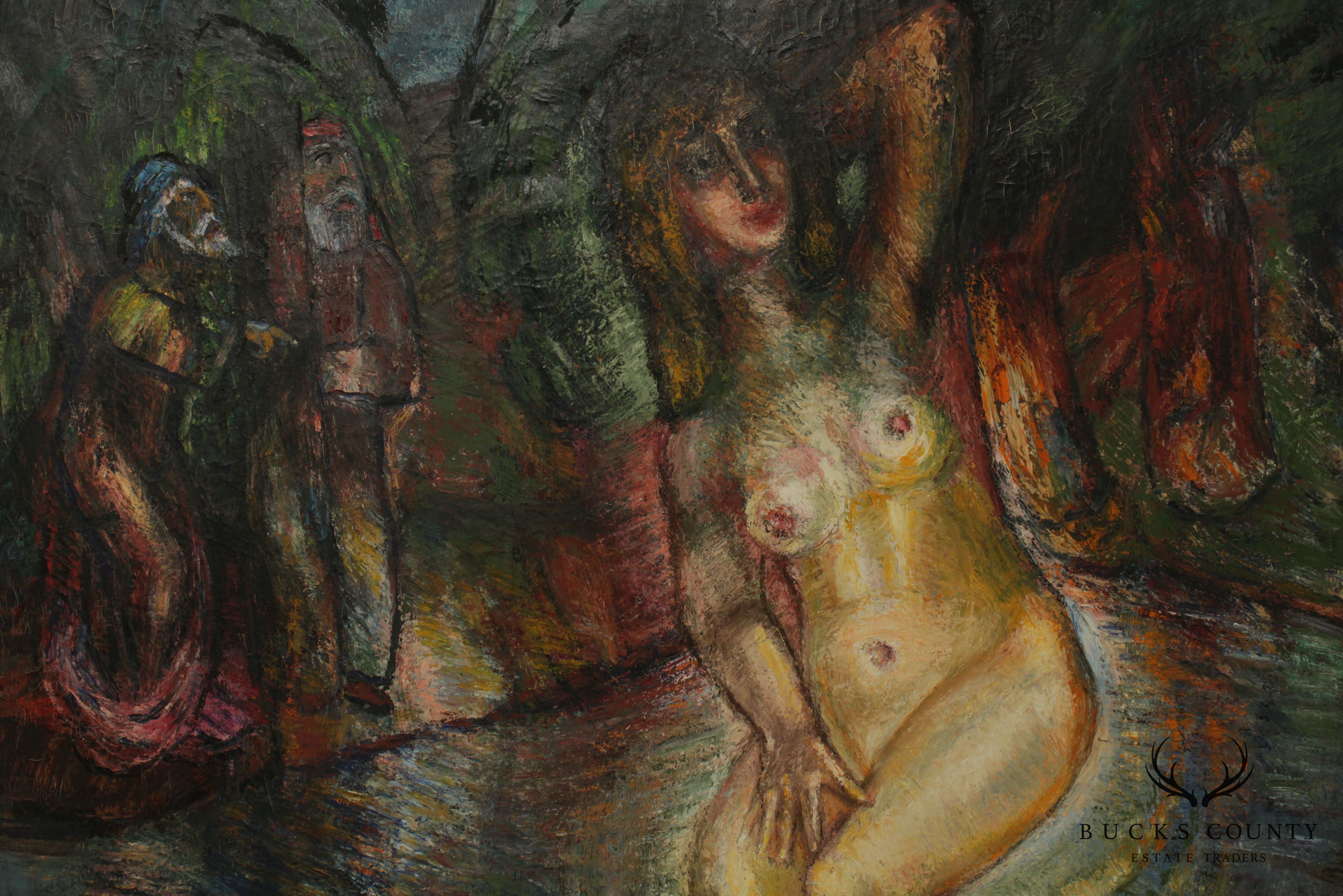 Laszlo Kemeny, Susanna and the Elders, Female Nude Oil on Canvas Framed