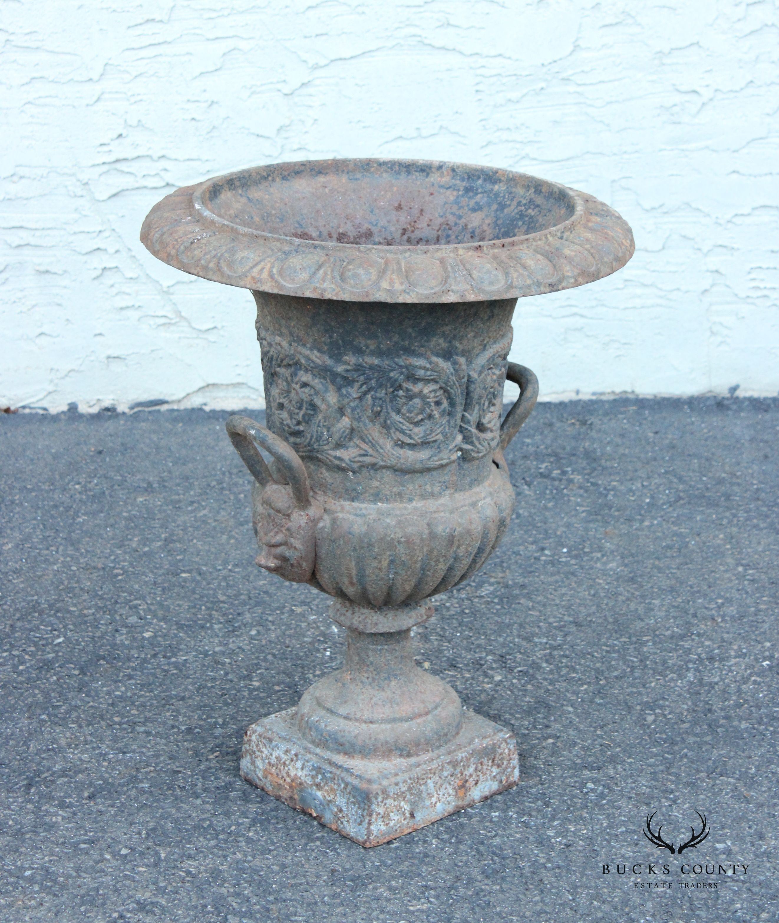 Classical Style Pair Cast Iron Garden Urns with Lion Masks