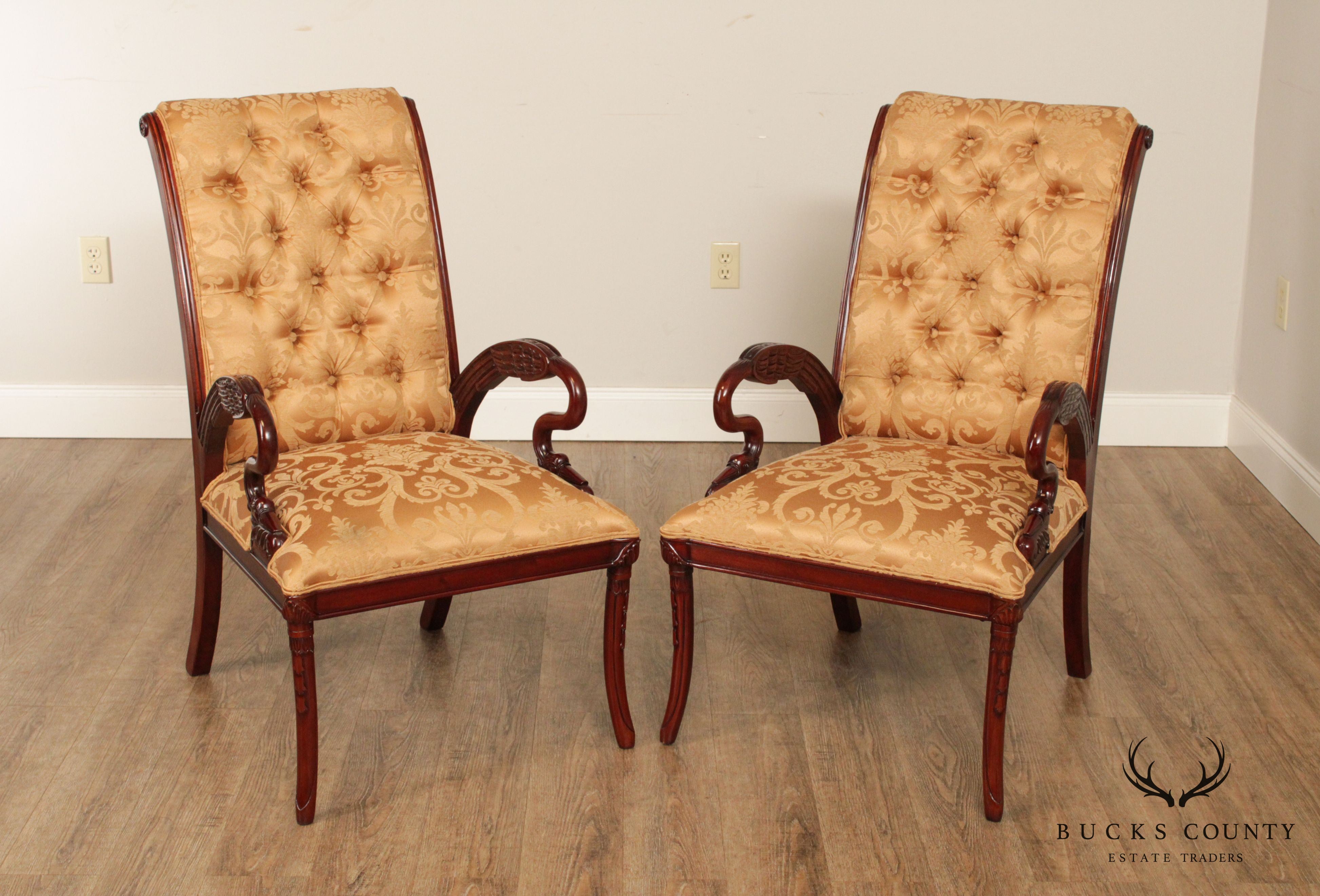 French Regency Style Carved Mahogany Pair Armchairs