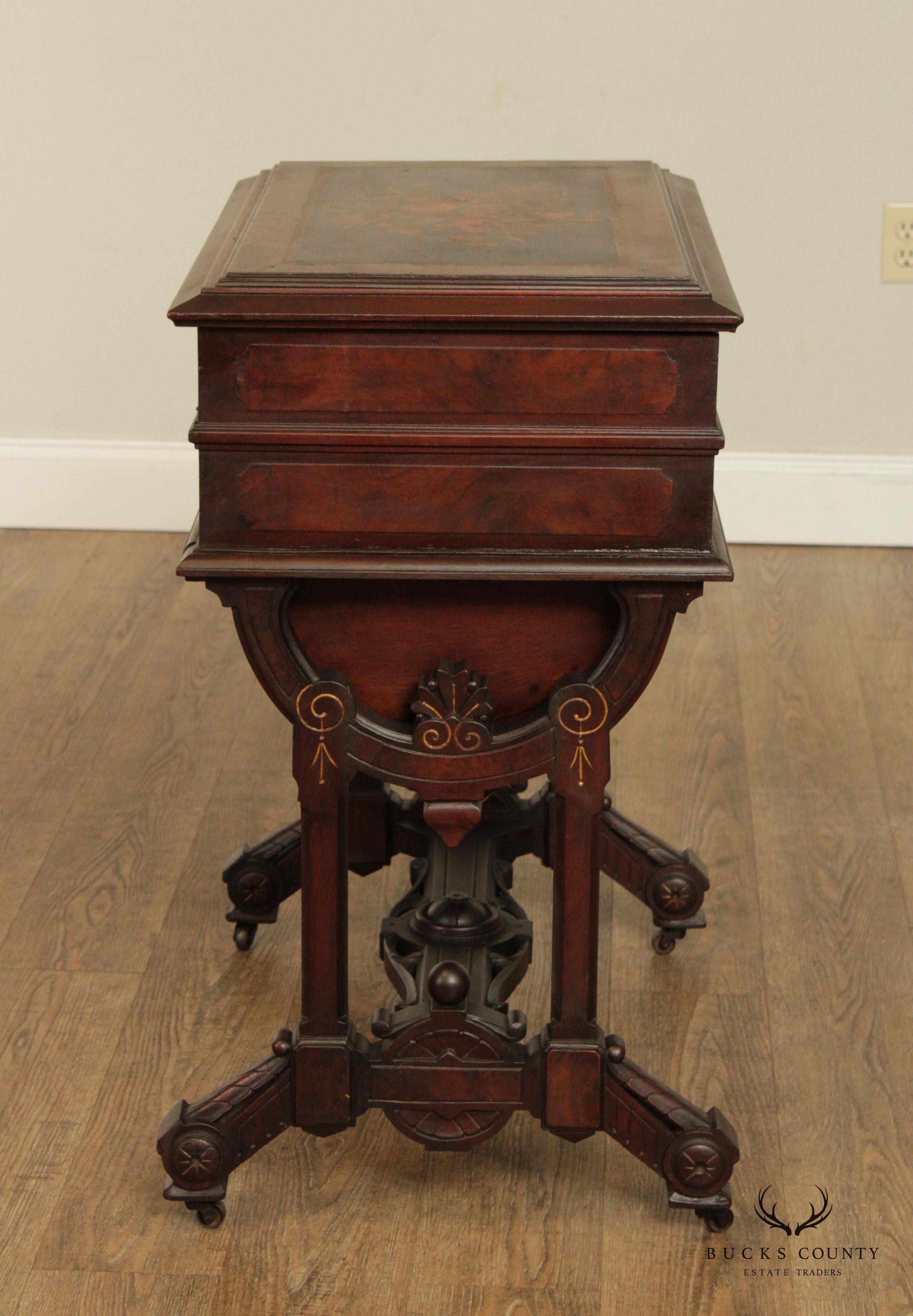 Antique Victorian George Hess Inlaid Walnut Sewing Stand or Dressing Table