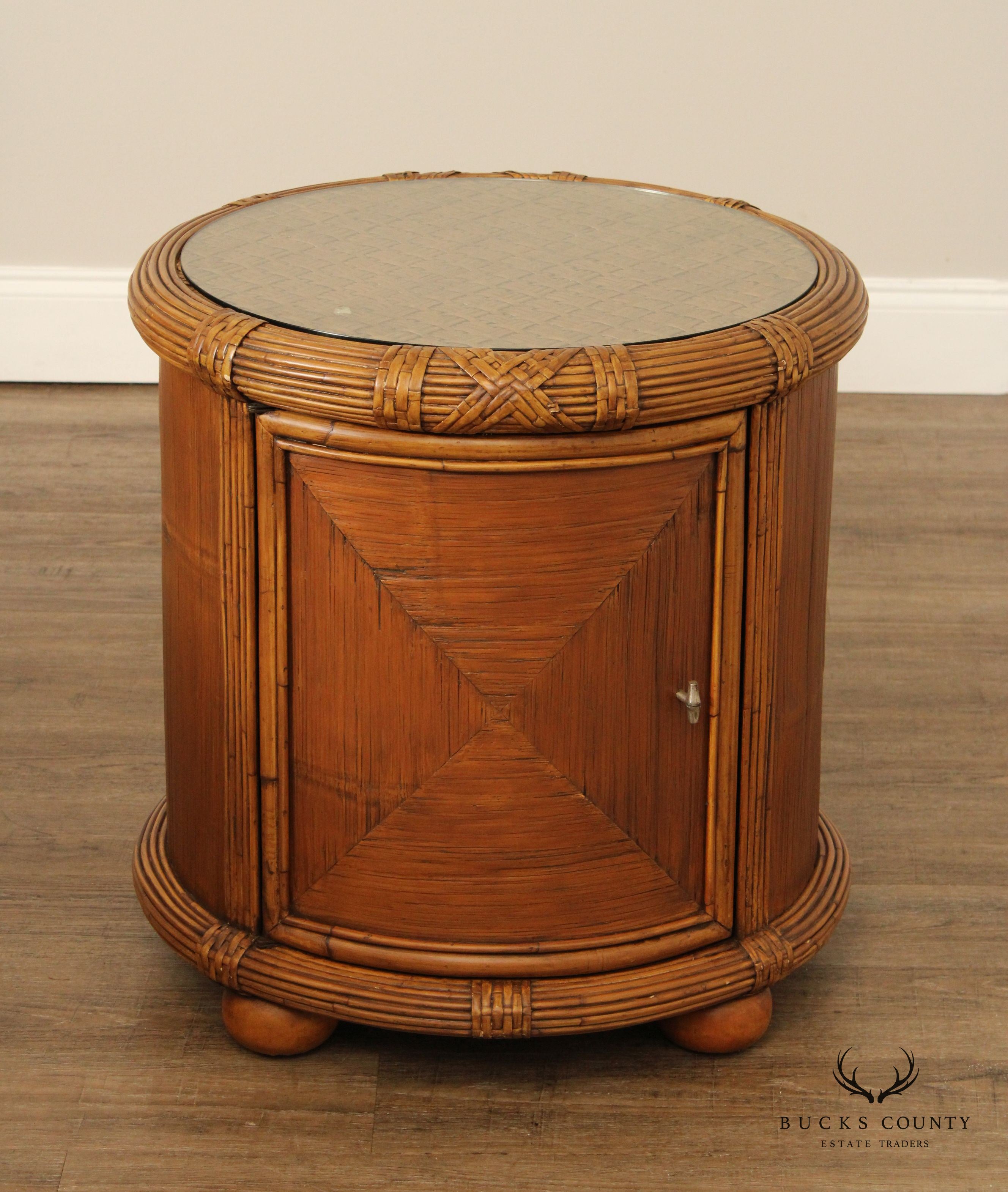 Bamboo and Rattan Circular Glass Top Drum Style Side Table