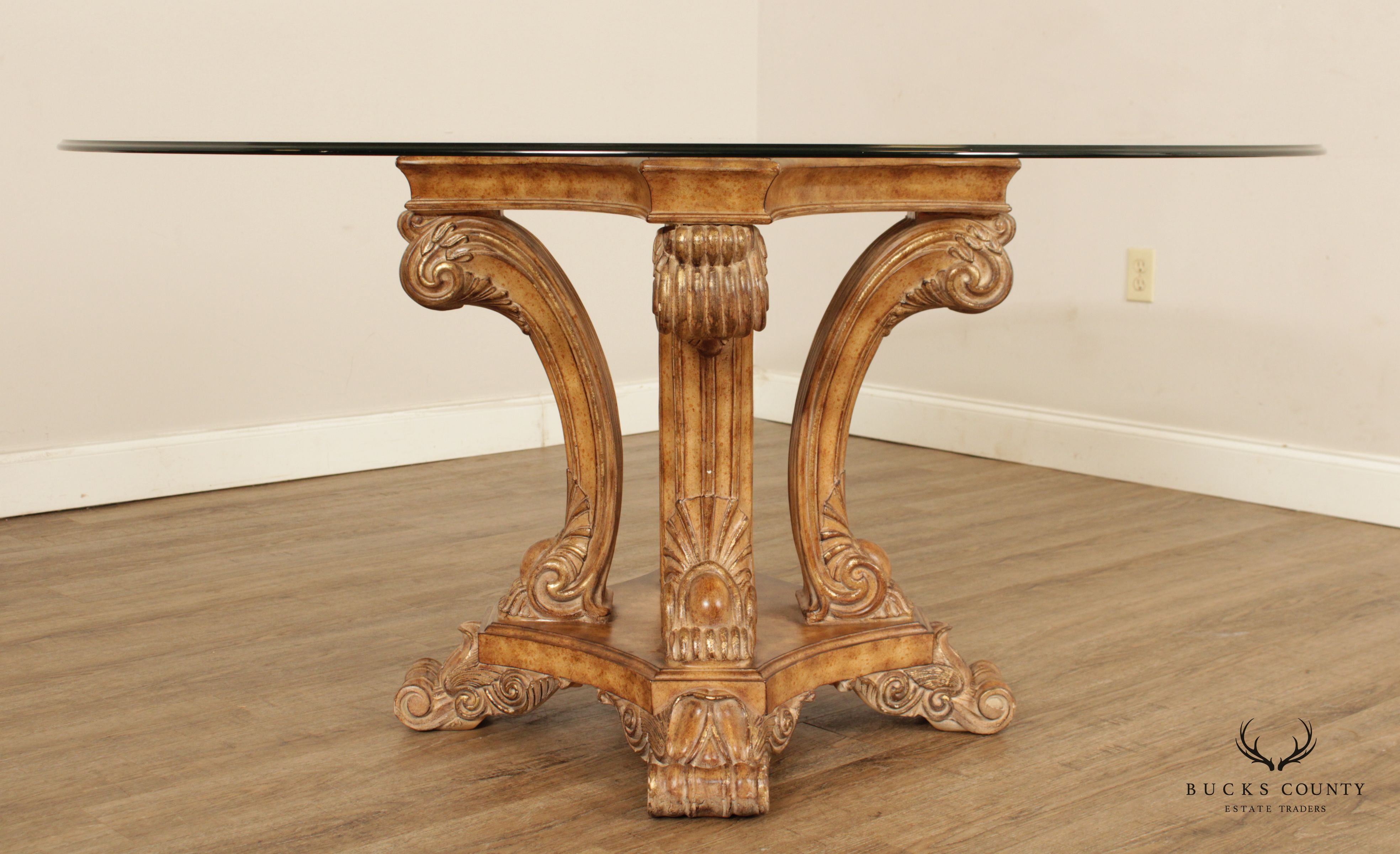 Baroque Style Round Glass Top Pedestal Dining Table