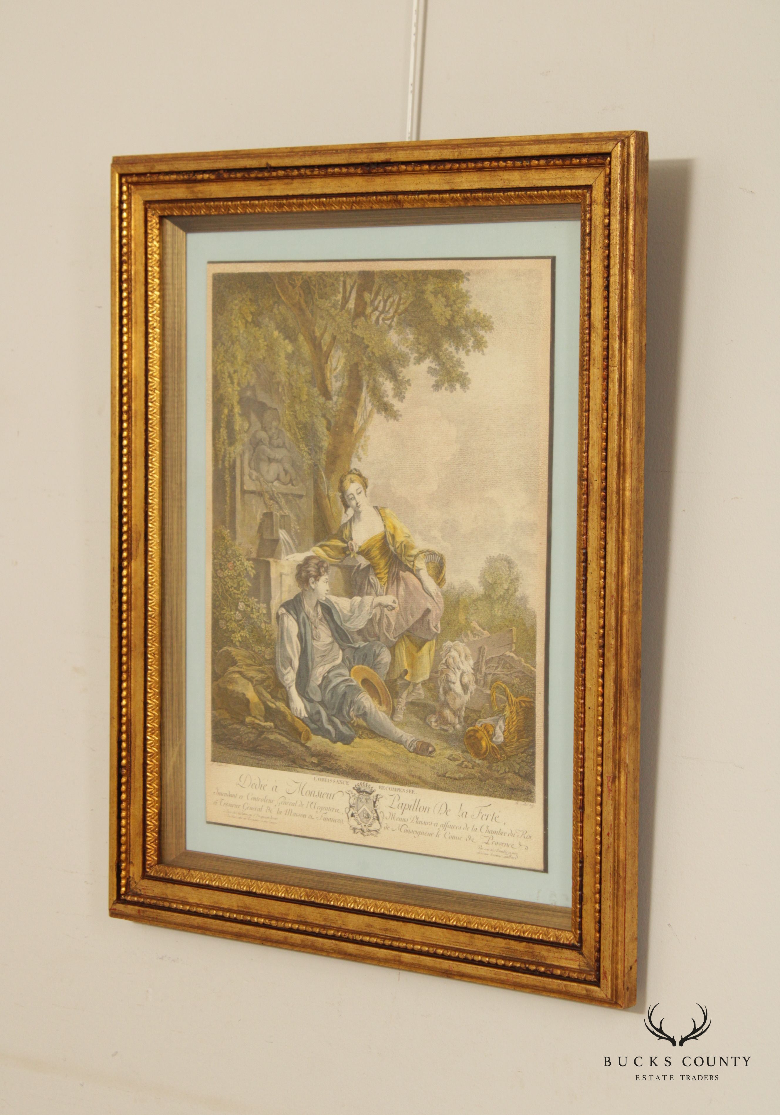 Antique 18th C. French 'L' Obeissance Recompensee' Hand-Colored Engraving, After Francois Boucher