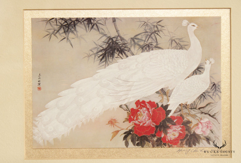 Chinese 20th C. White 'Peacocks' Limited Edition Print, by Hung Chu Lee