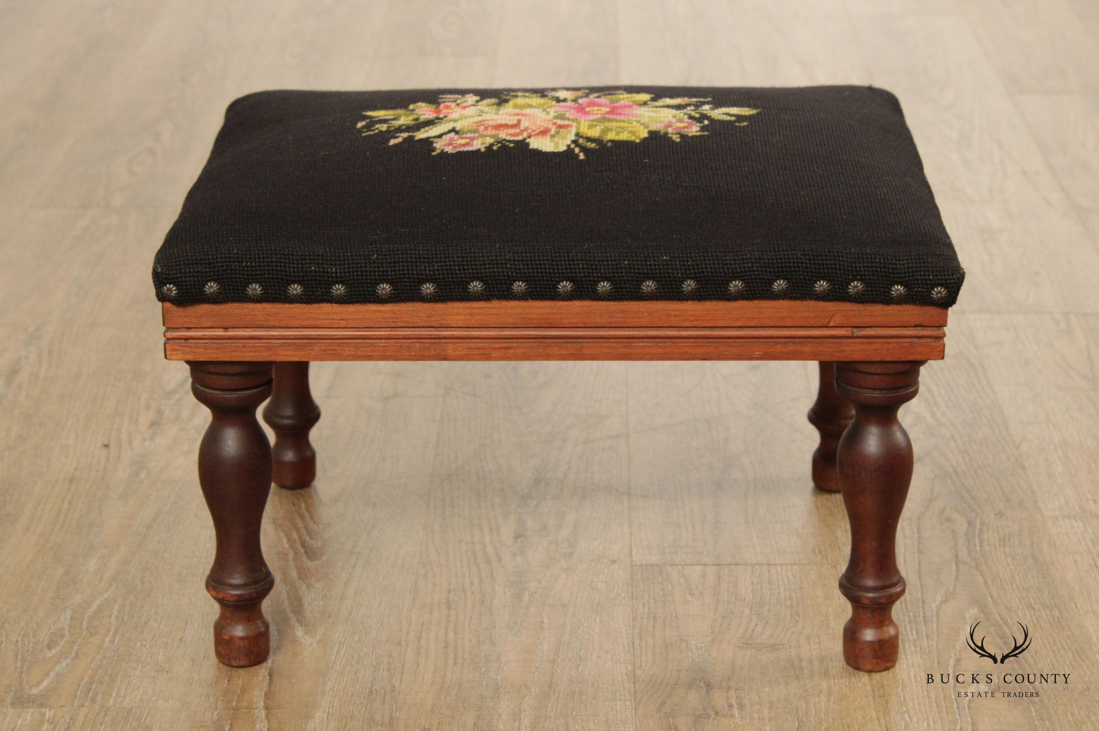 Antique Victorian Floral Needlepoint Foot Stool