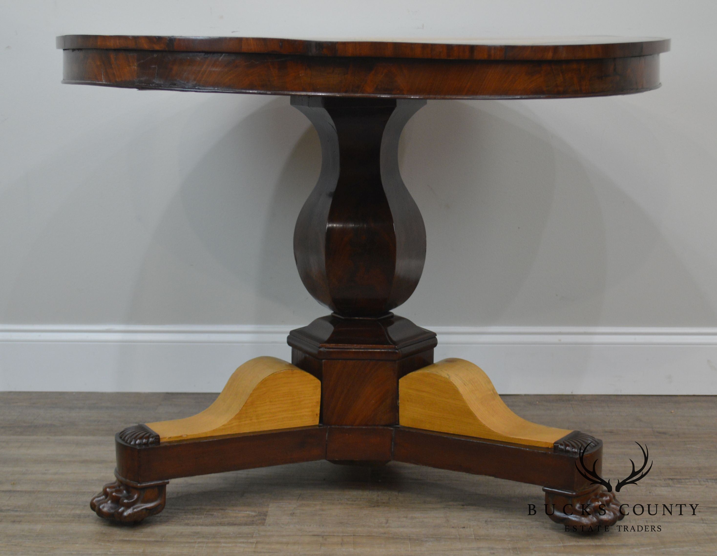 French Charles X Antique Mahogany & Elm Wood 2 Tone Round Center Table