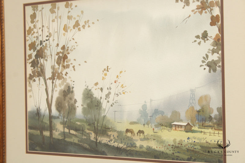 Pastoral Farm Landscape Watercolor Painting, Signed