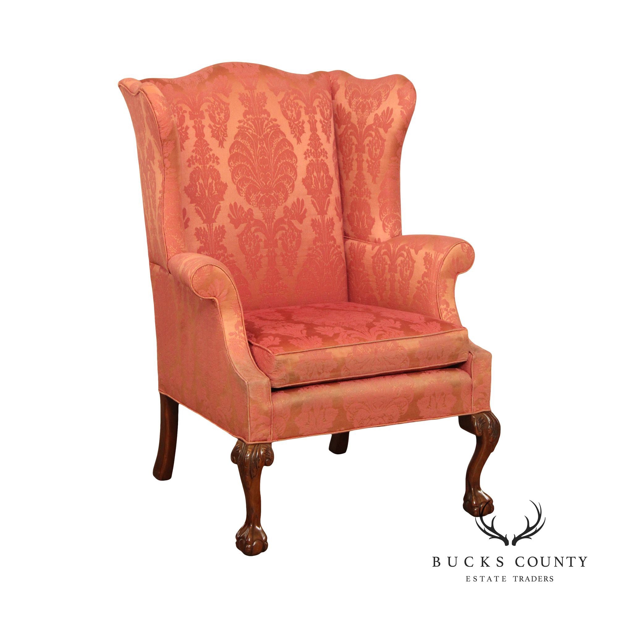 Chippendale Style Custom Upholstered Wing Armchair