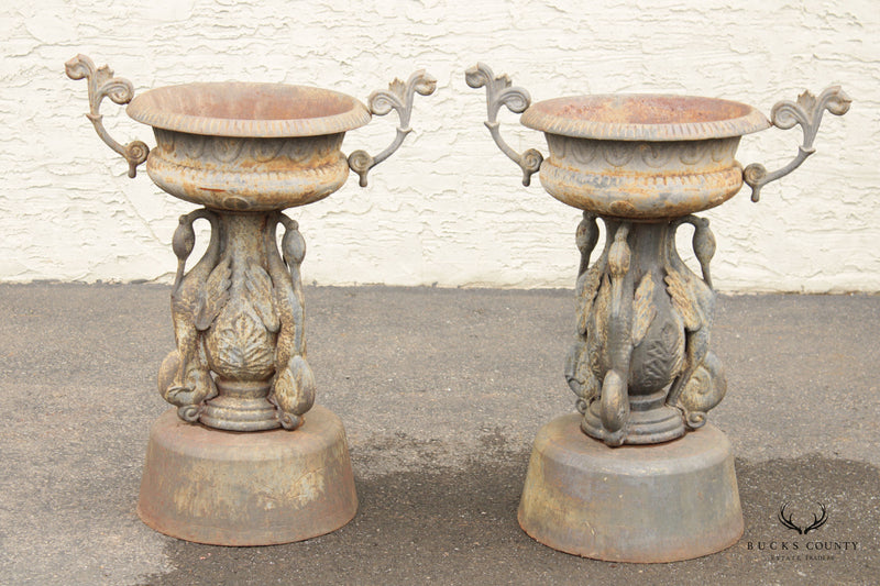 Vintage Pair Of Swan Cast Iron Garden Urns