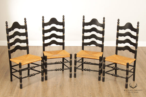 French Country Style Set of Four Black Painted Rush Seat Ladderback Dining Chairs