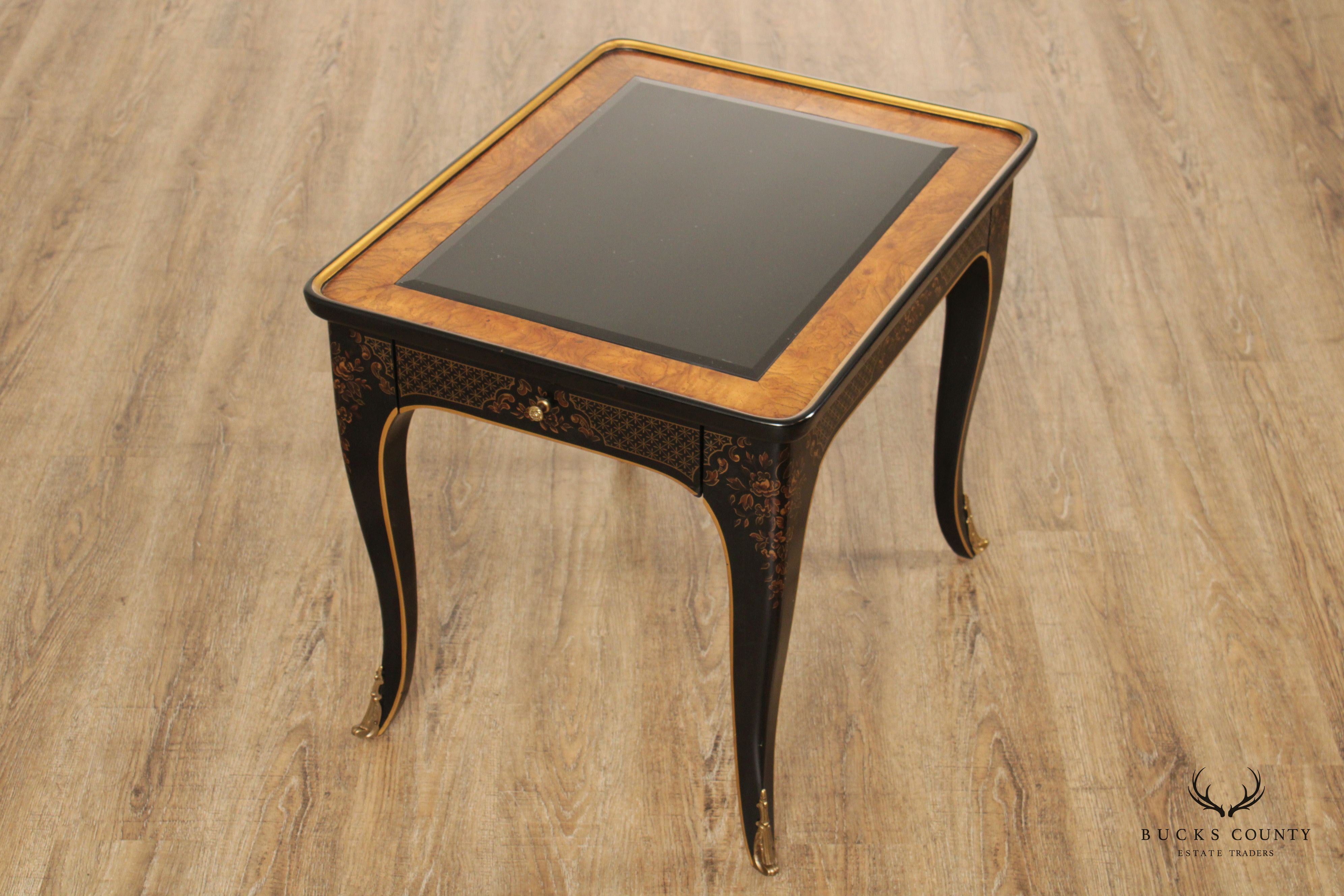 Drexel Et Cetera Chinoiserie Decorated Burlwood Glass Top Side Table