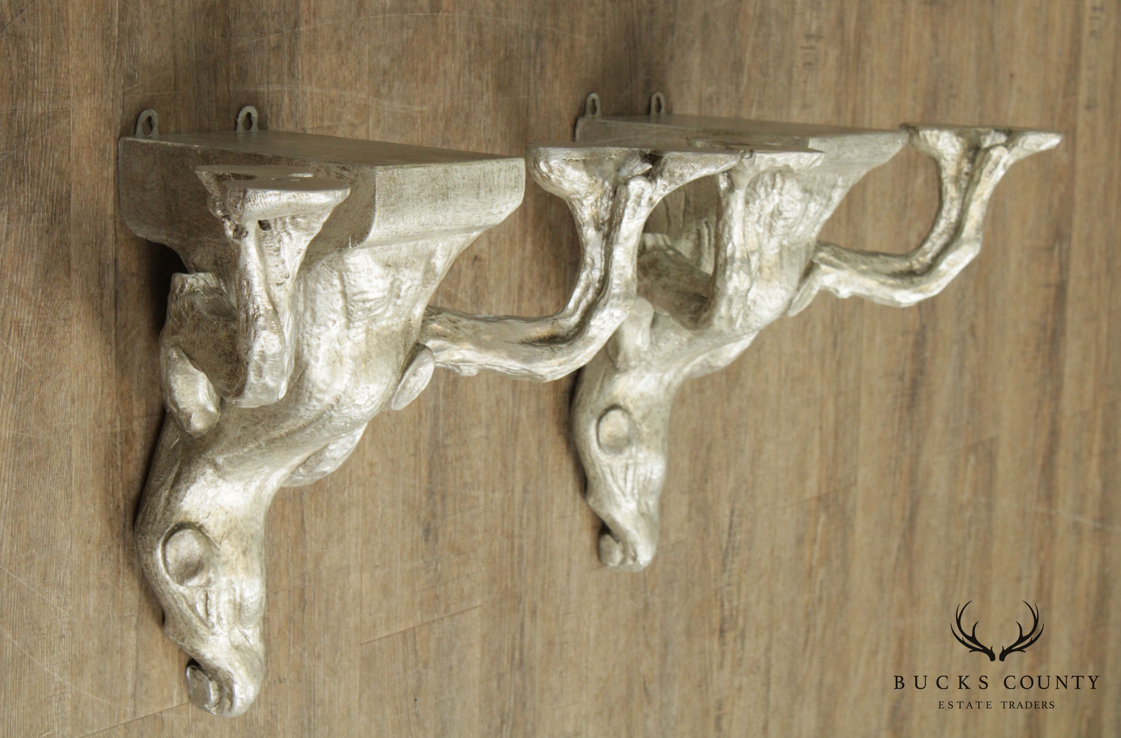 Faux Bois Fine Quality Vintage Silver Gilt Wood Pair Wall Brackets