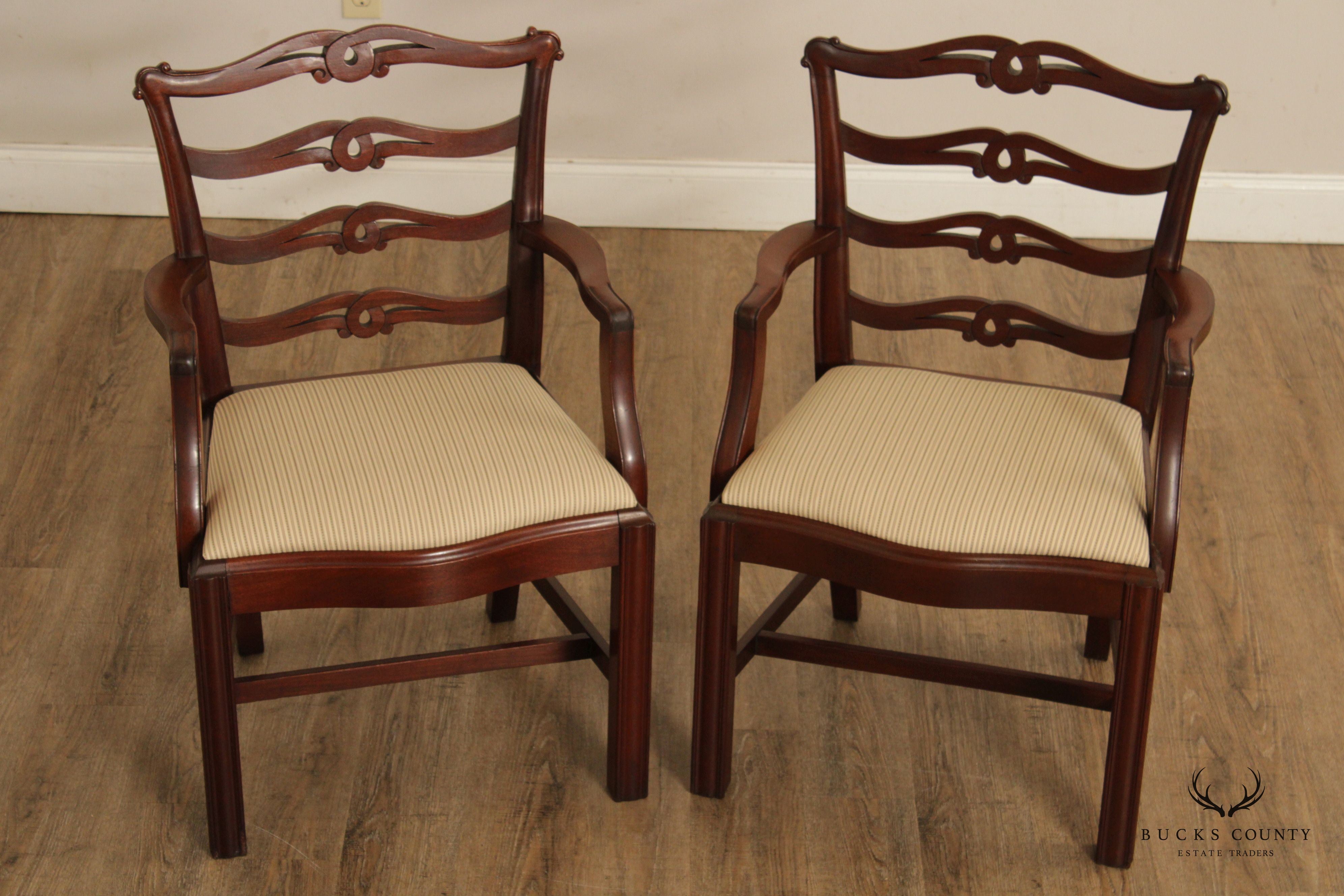 Chippendale Style Pair Vintage Mahogany Ladder Back  Armchairs