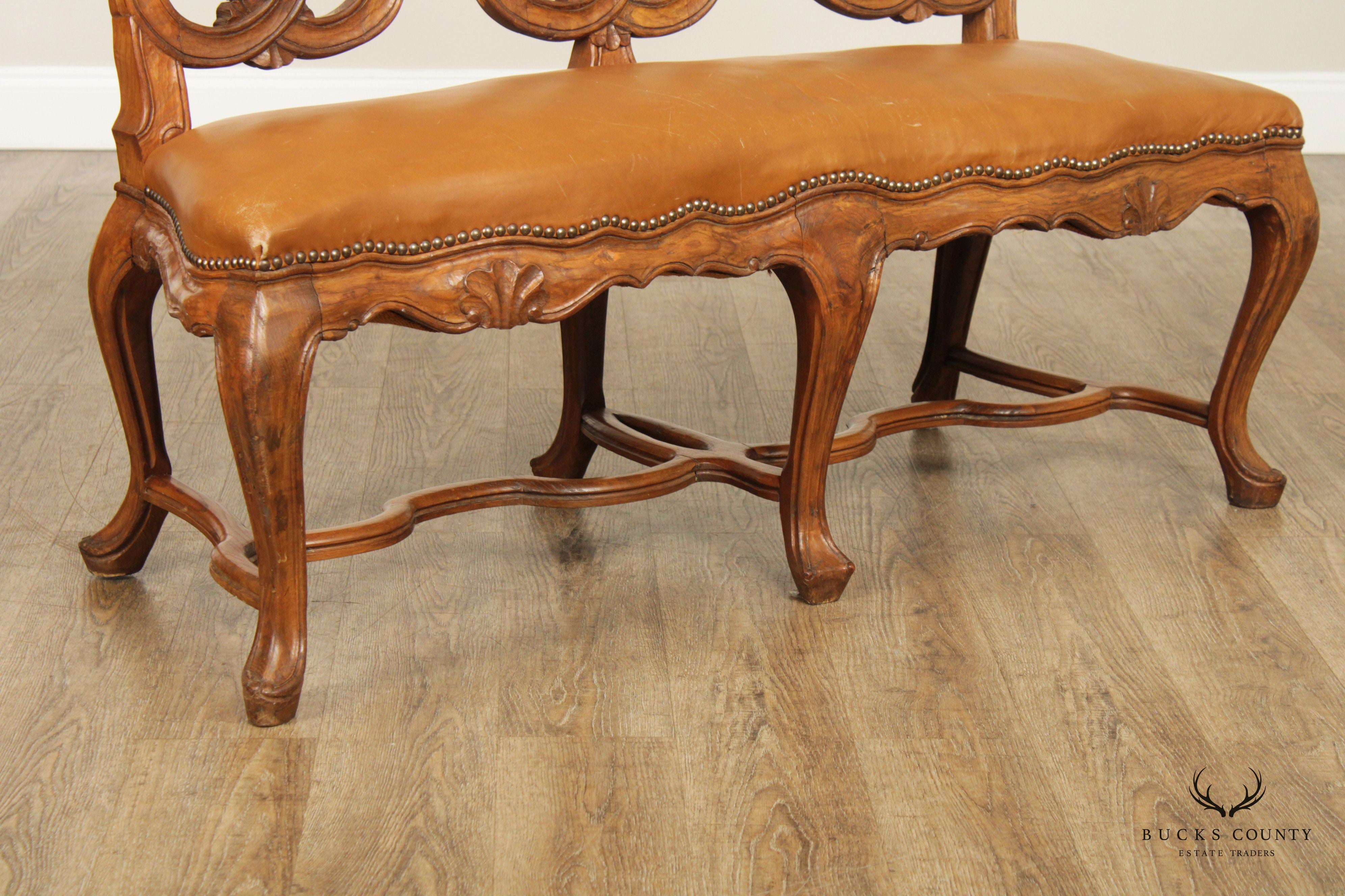 Italian Provincial Style Carved Walnut and Leather Hall Bench Settee