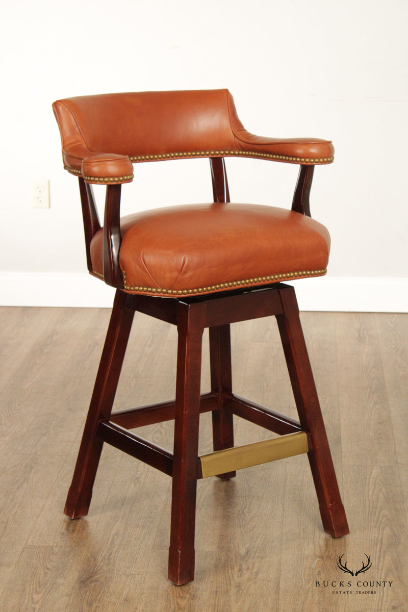 Traditional Pair Leather Upholstered Swivel Bar Stools