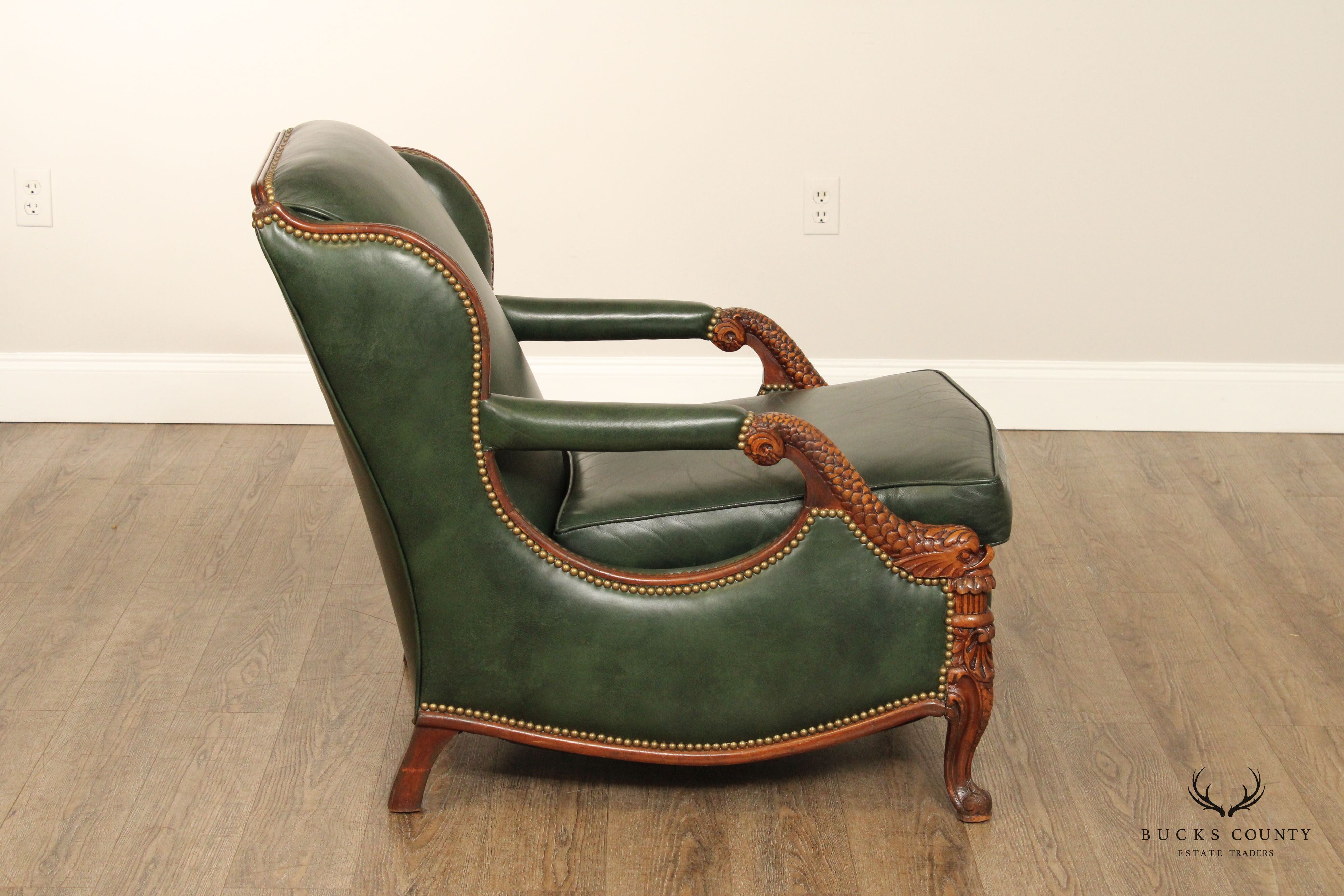 1930's French Regency Style Carved Mahogany and Leather Lounge Chair