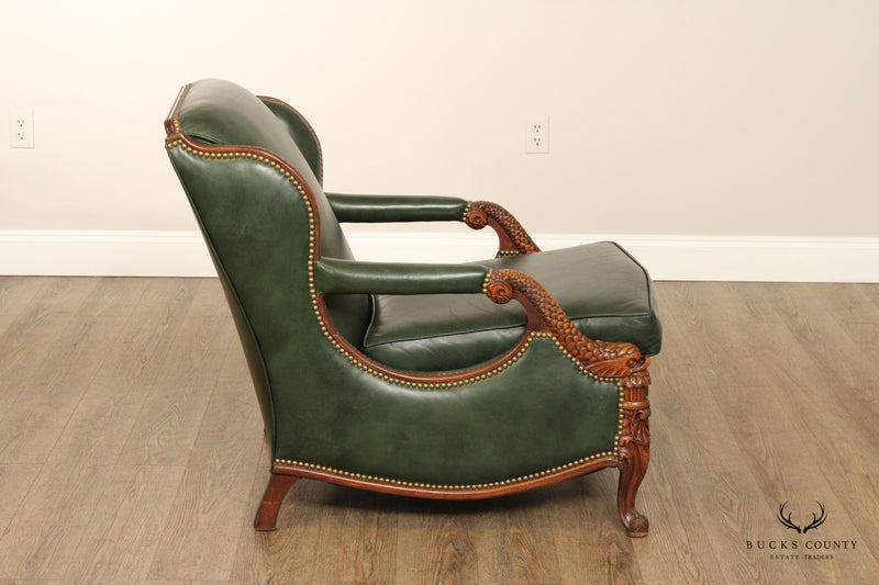 1930's French Regency Style Carved Mahogany and Leather Lounge Chair