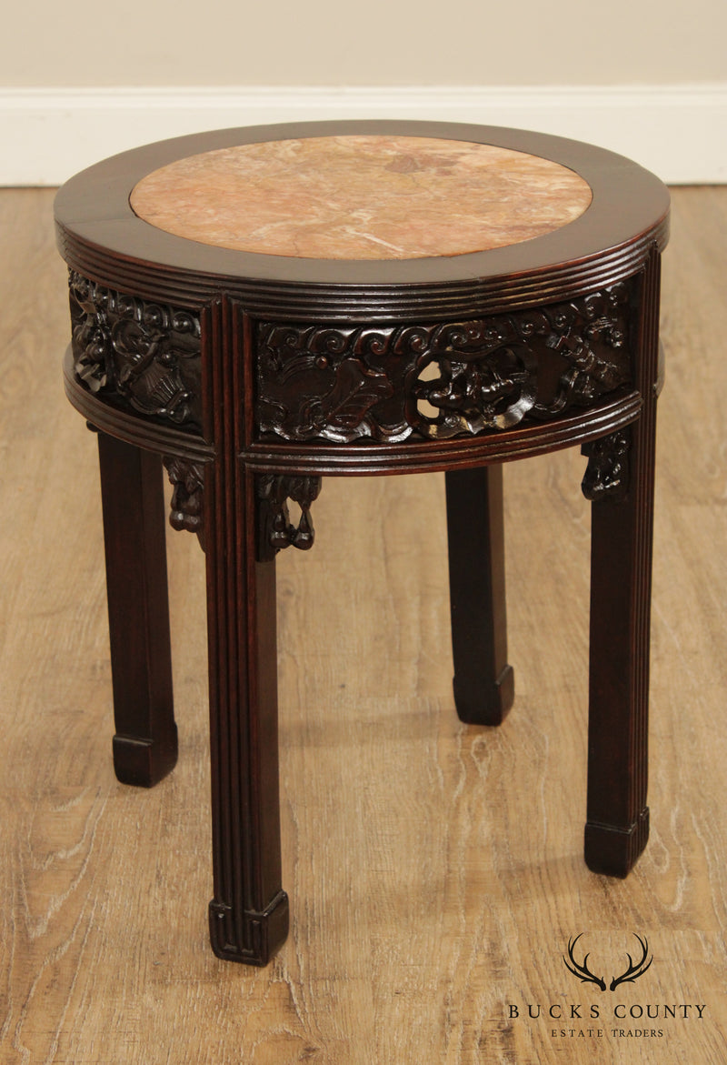 Vintage Carved Asian Round Marble Top Side Table