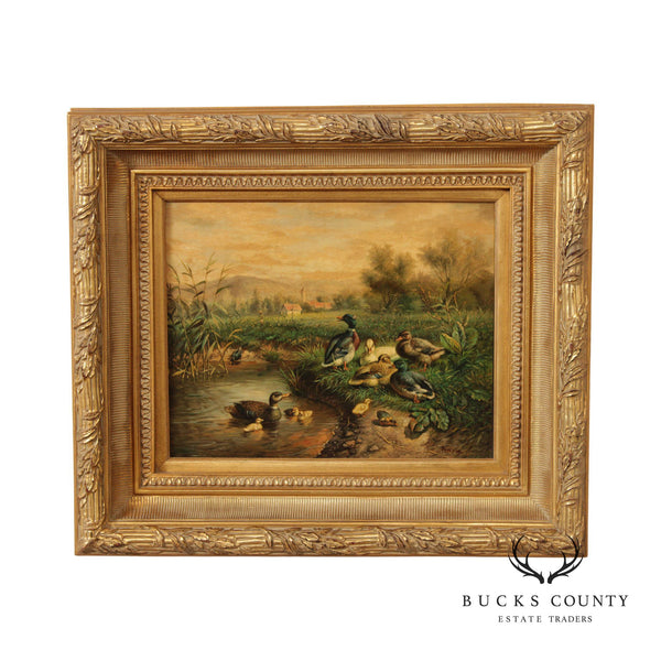 20th C. Countryside 'Ducks by a Pond' Scene Oil Painting, After Carl Jutz