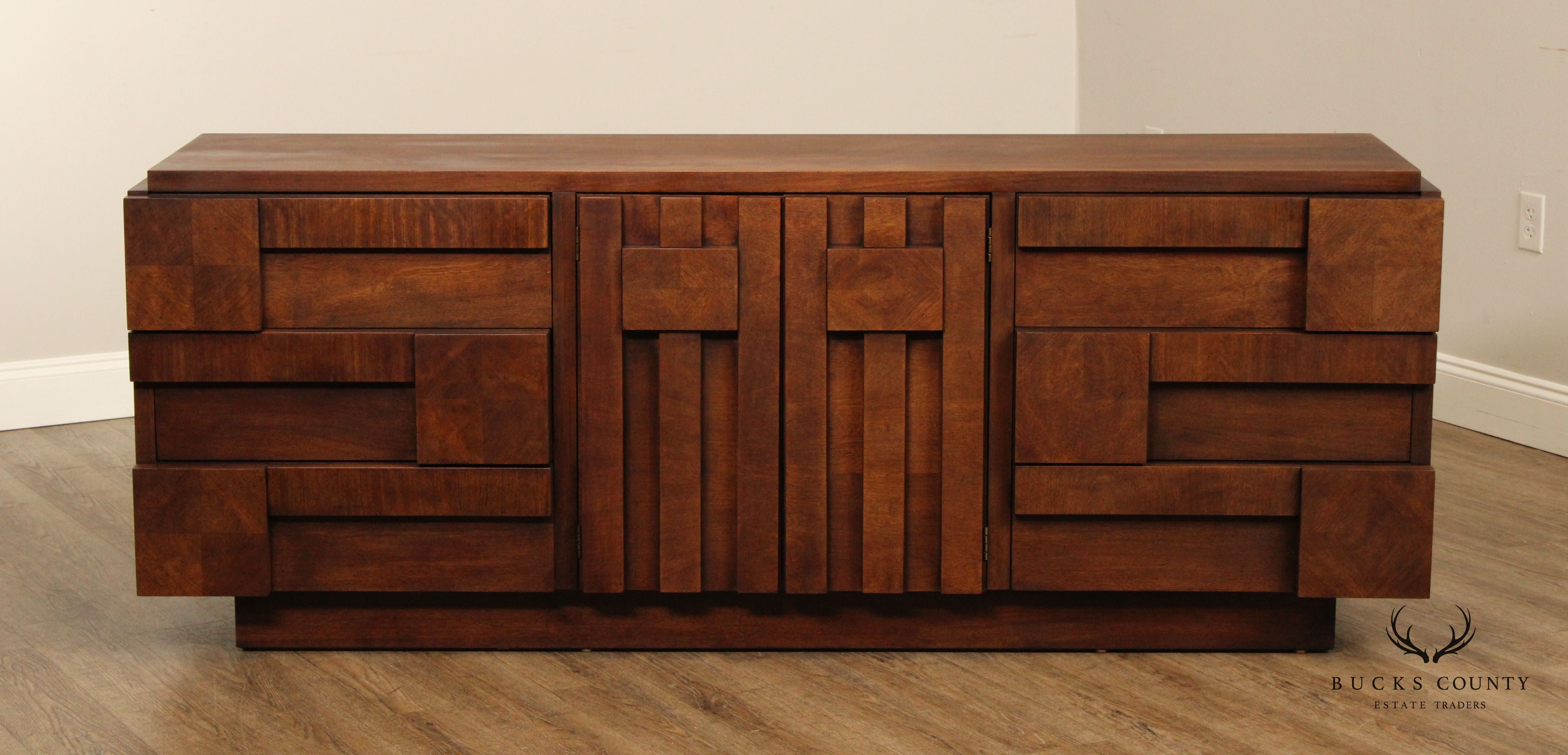 Lane Mid Century Modern Brutalist Walnut Long Dresser