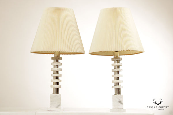Mid Century Modern Pair Marble and Chrome Table Lamps