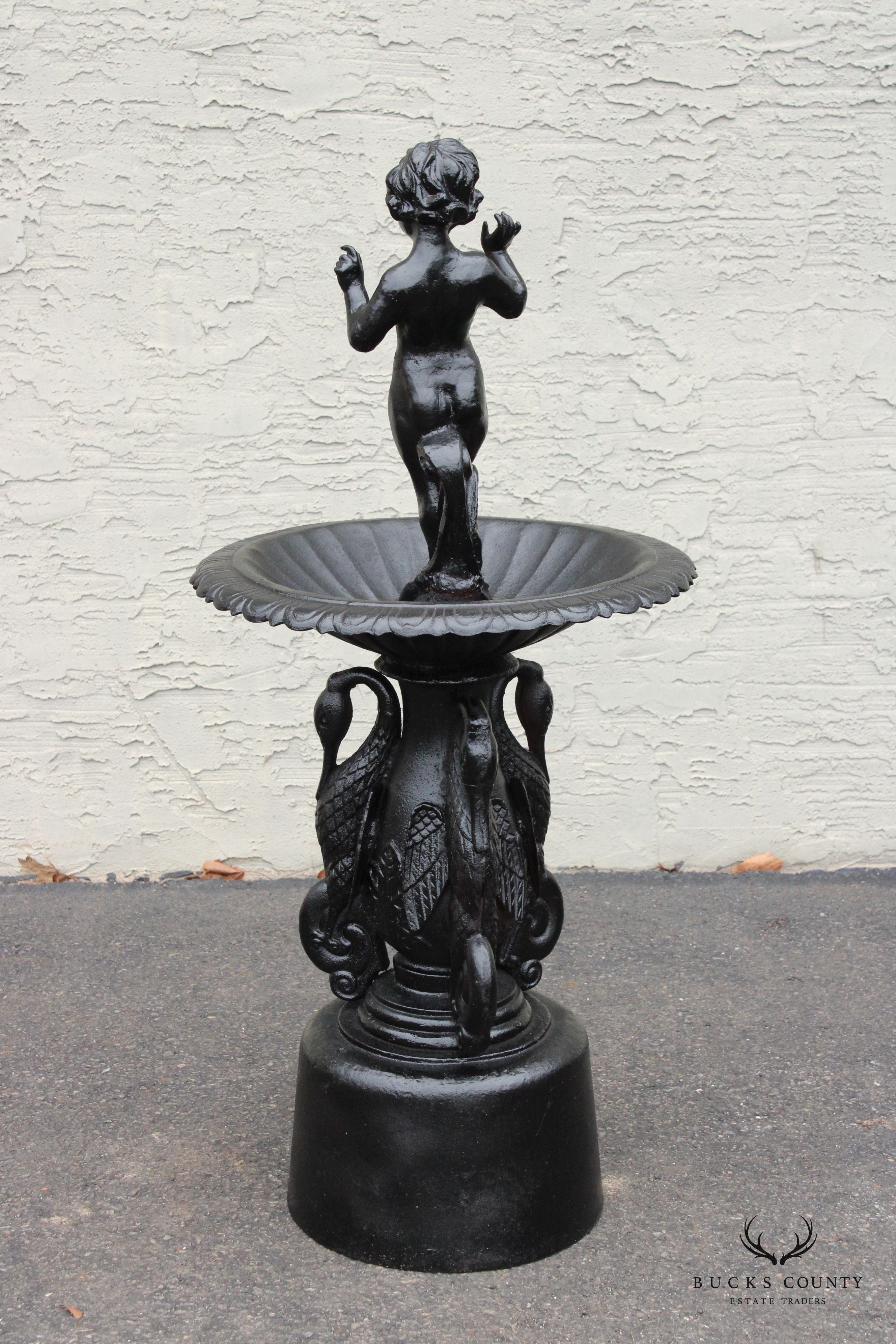 Neoclassical Style Cast Iron Cherub and Swan Garden Bird Bath