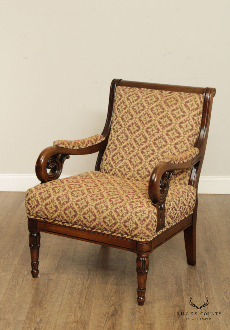 French Empire Style Pair of Carved Walnut Fauteuil Armchairs