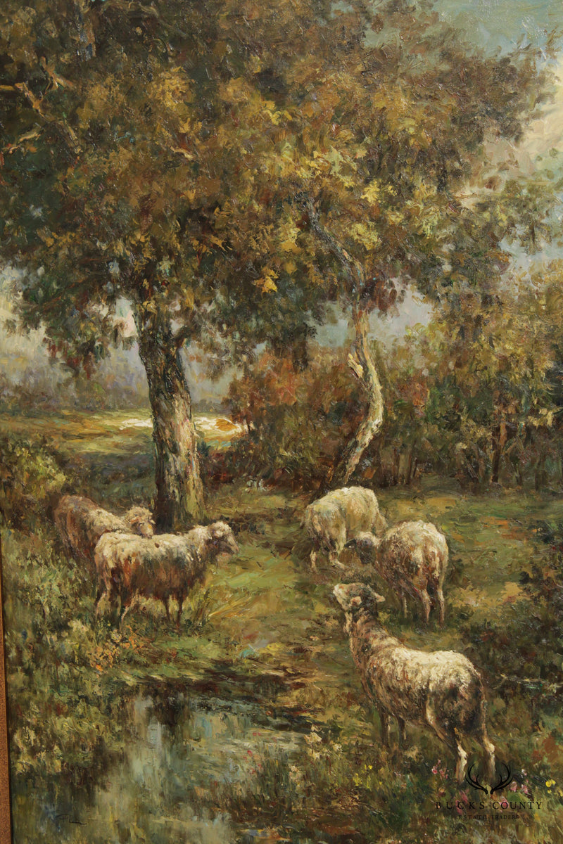 Impressionist Style Large Pastoral Landscape Oil Painting, Signed
