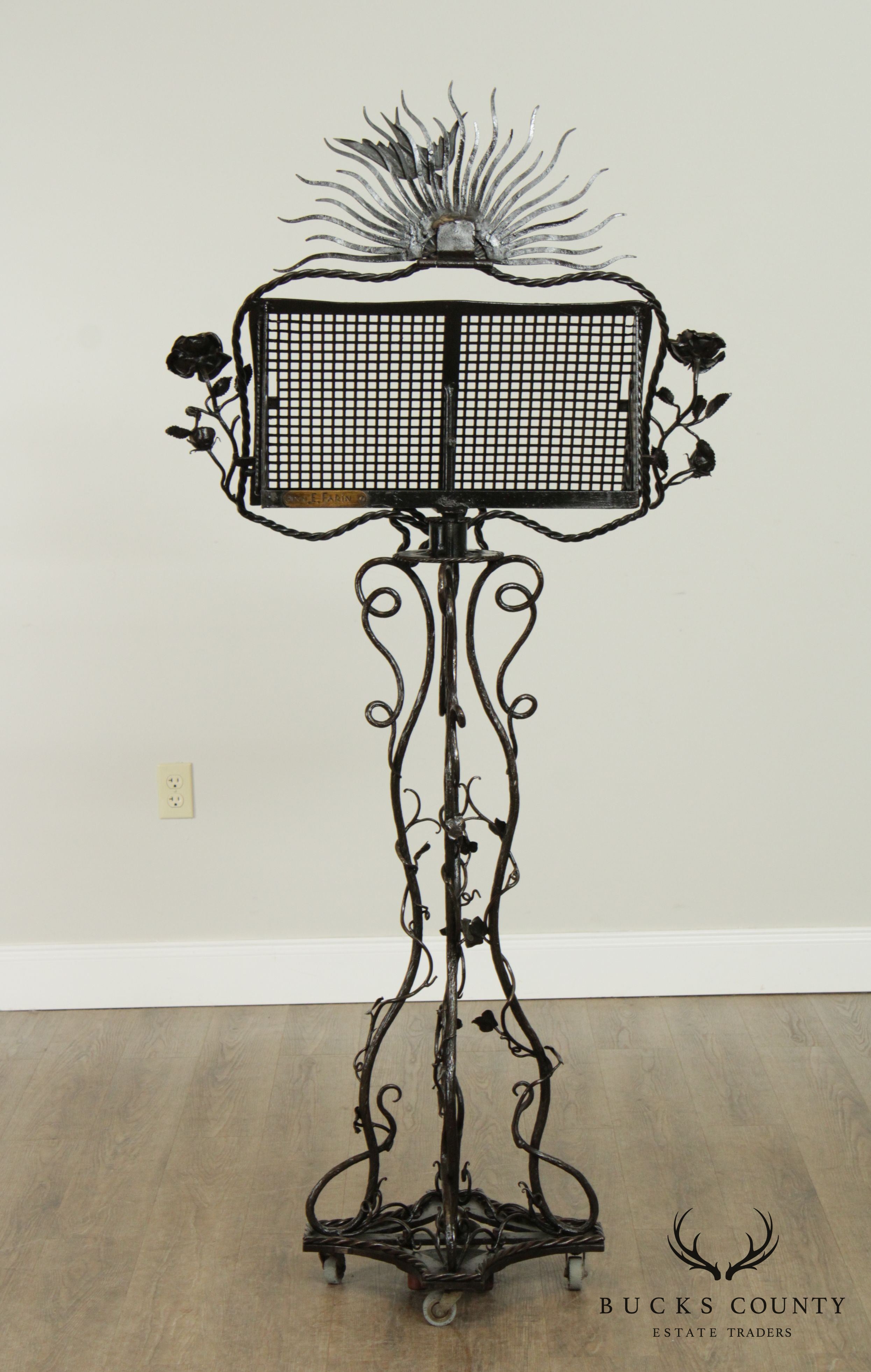 Hand Forged Iron Art Nouveau Sun Burst Rose Vine Music Stand by Farin