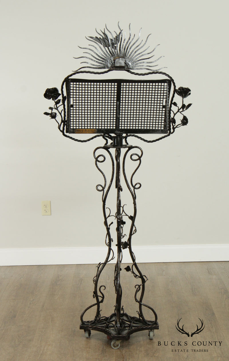 Hand Forged Iron Art Nouveau Sun Burst Rose Vine Music Stand by Farin