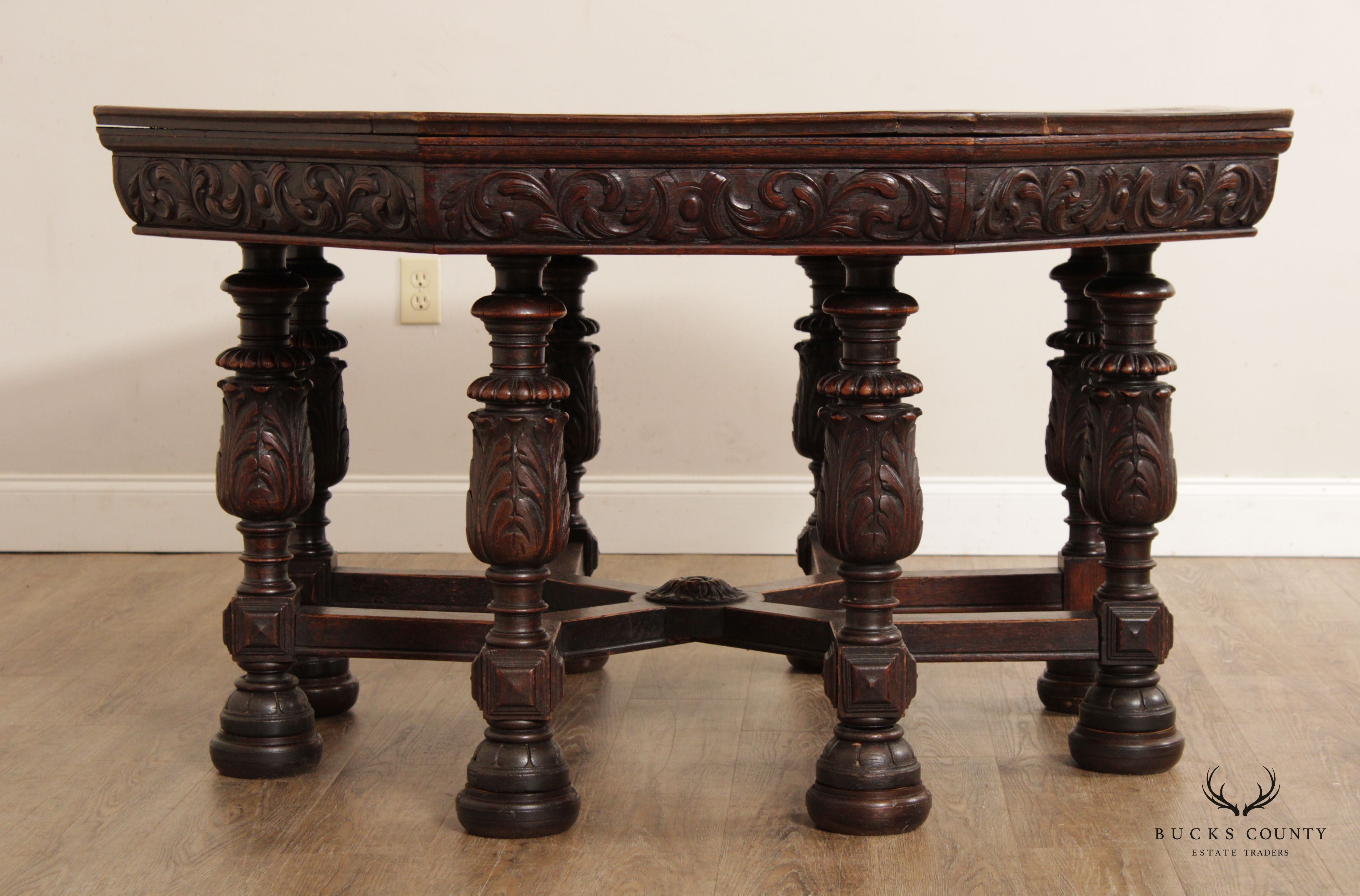 Antique French Renaissance Revival Carved Oak Octagonal Leather Top Center Table