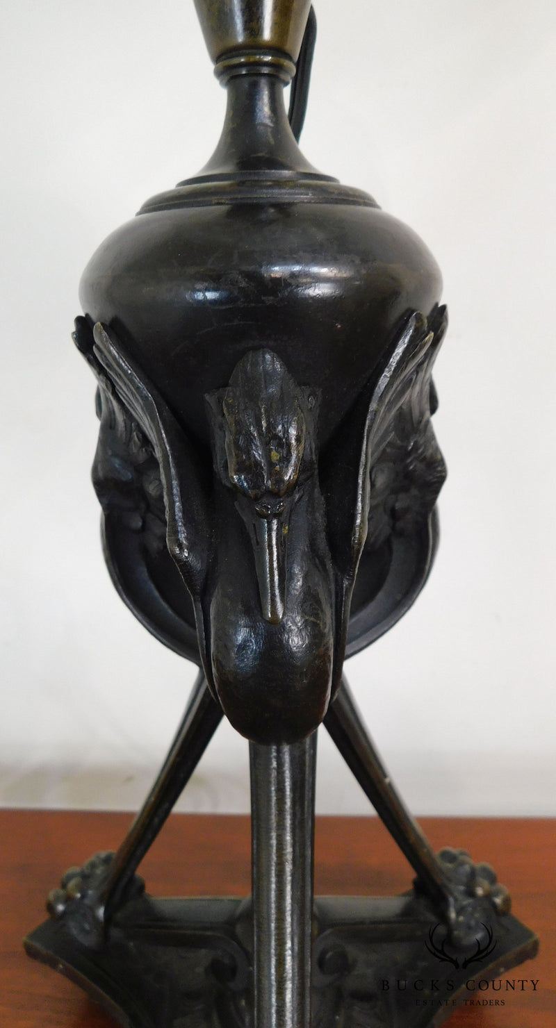 Aesthetic Movement Stork/Crane Figural Black Painted Bronze Table Lamp with Shade