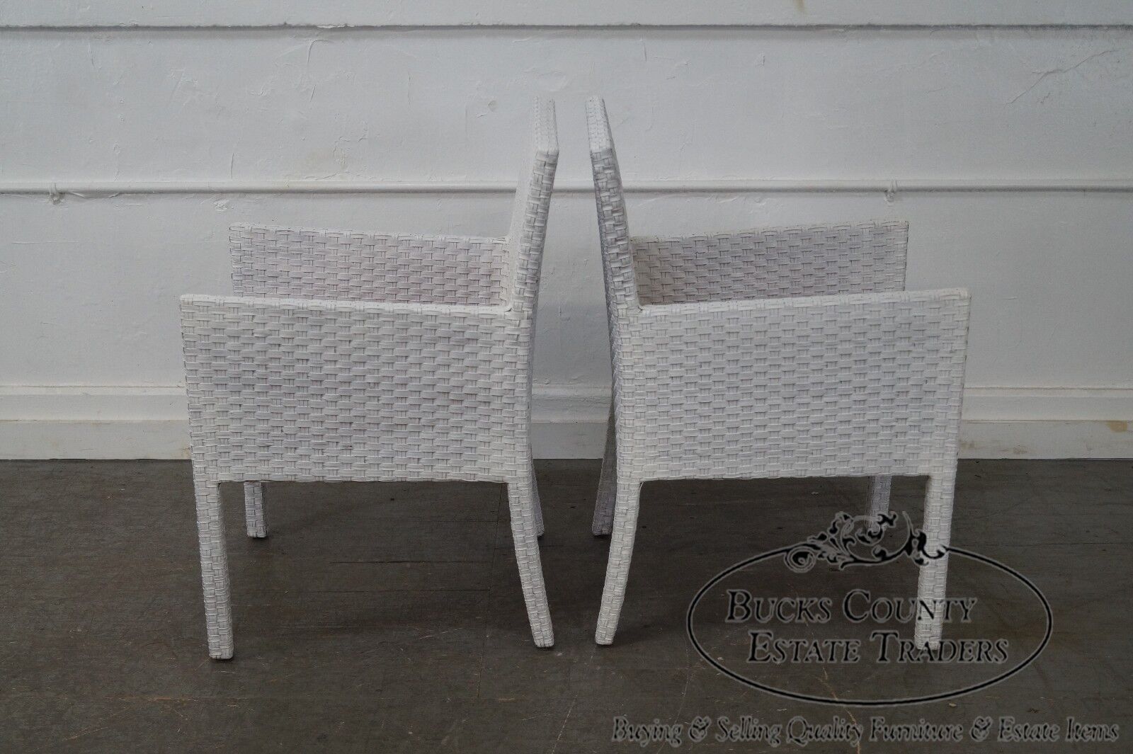 Quality Pair of White Woven Leather Arm Chairs