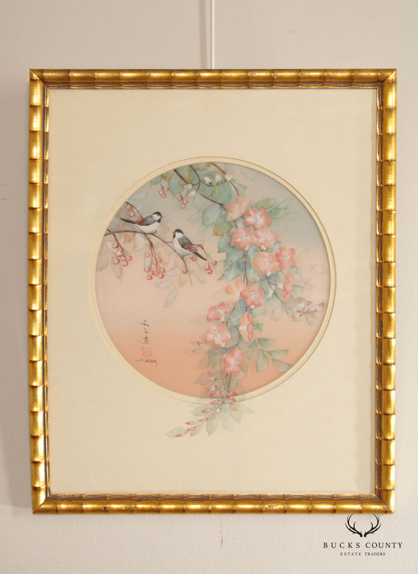 Chinese 20th C. Birds and Floral Silk Painting, Signed 'J. Cheng'