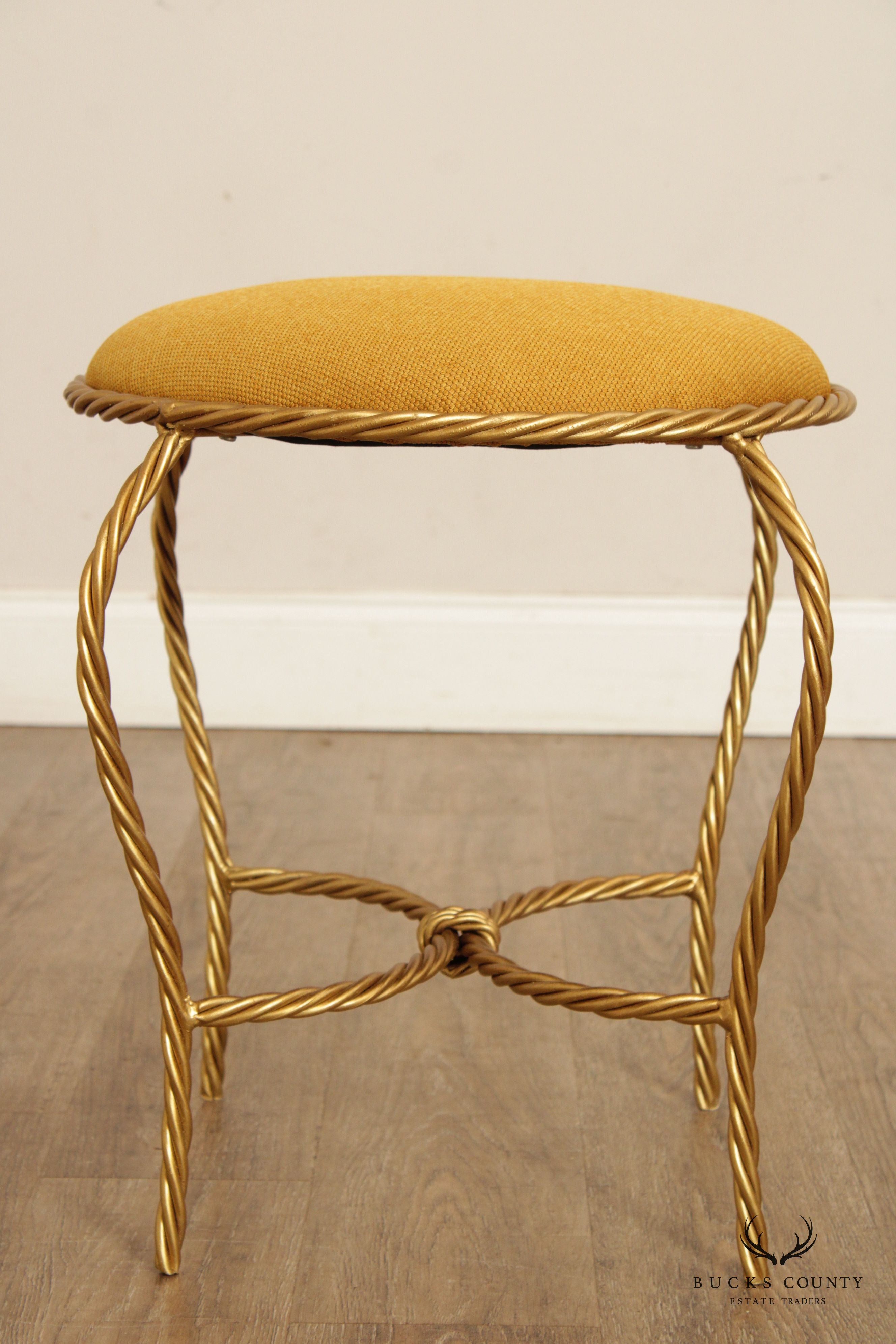 Hollywood Regency Pair of Gilt Metal Rope Twist Stools