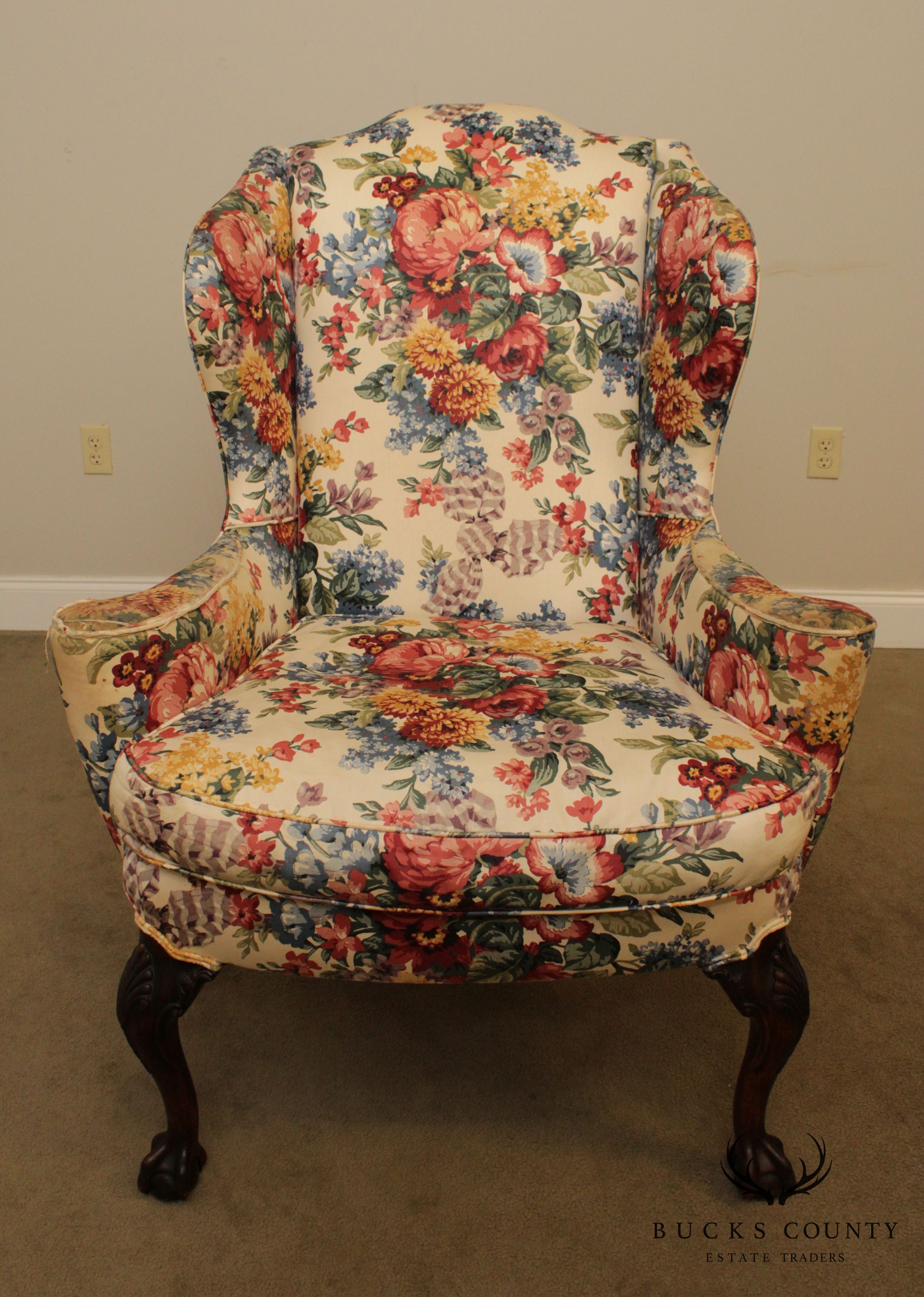 Chippendale Style Vintage Custom Mahogany Ball & Claw Wing Chair Frame