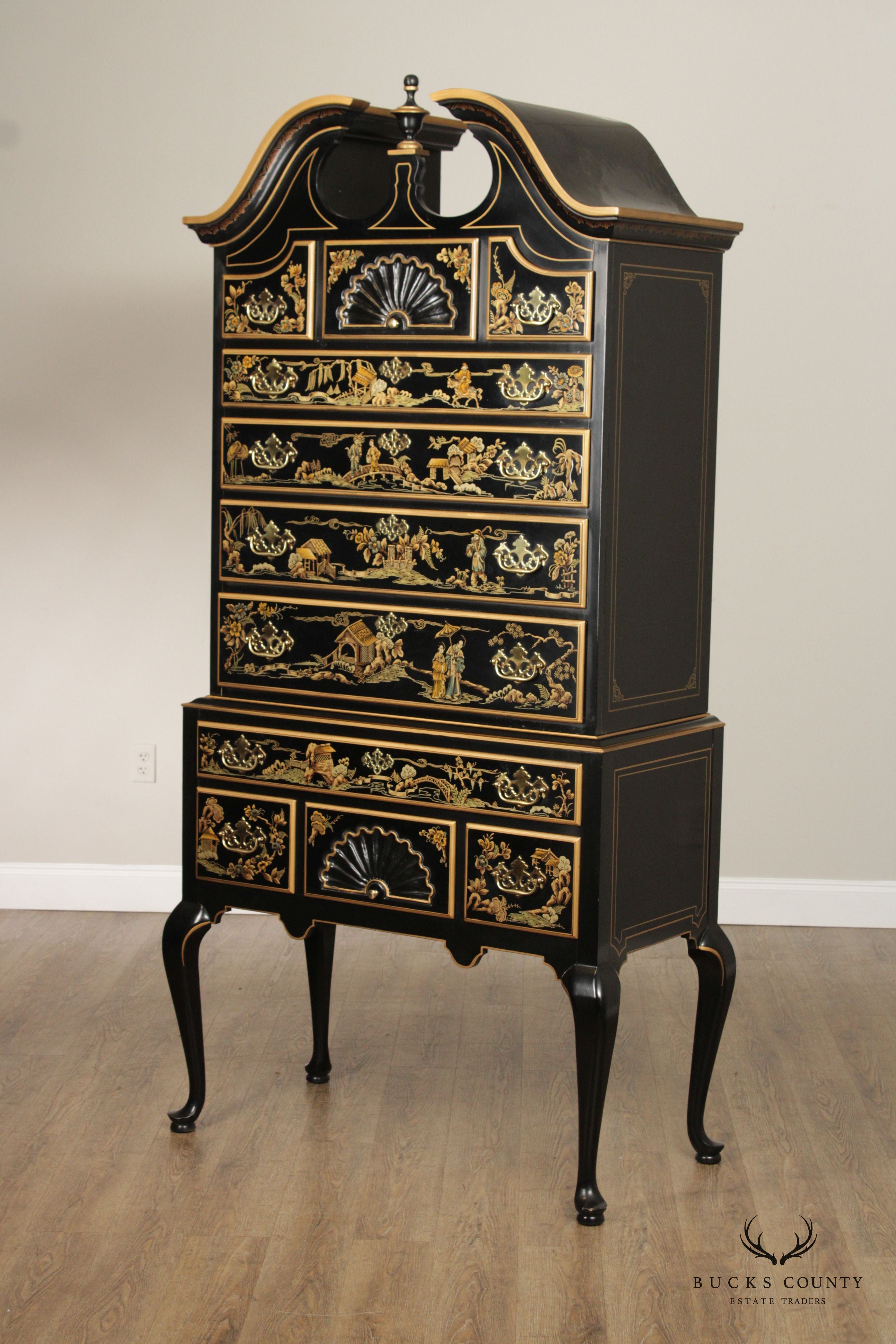 Drexel Heritage Black Lacquered Chinoiserie Paint Decorated Highboy